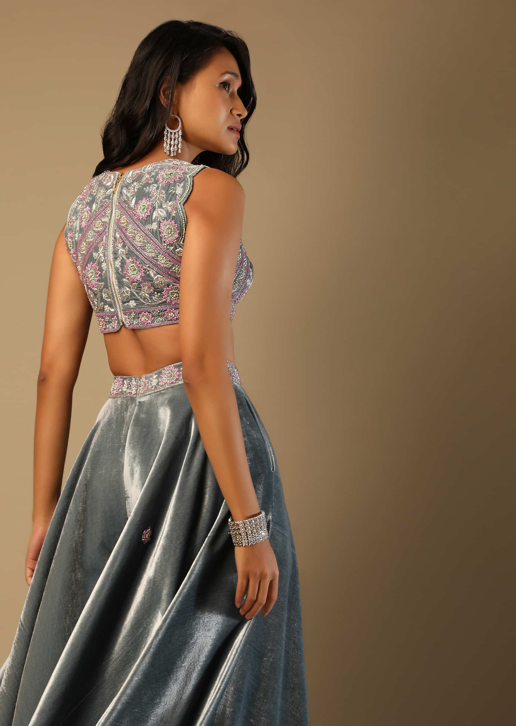 Frozen Blue Palazzo And Crop Top Suit With Multi Colored Hand Embroidery And Attached Belt Bag  