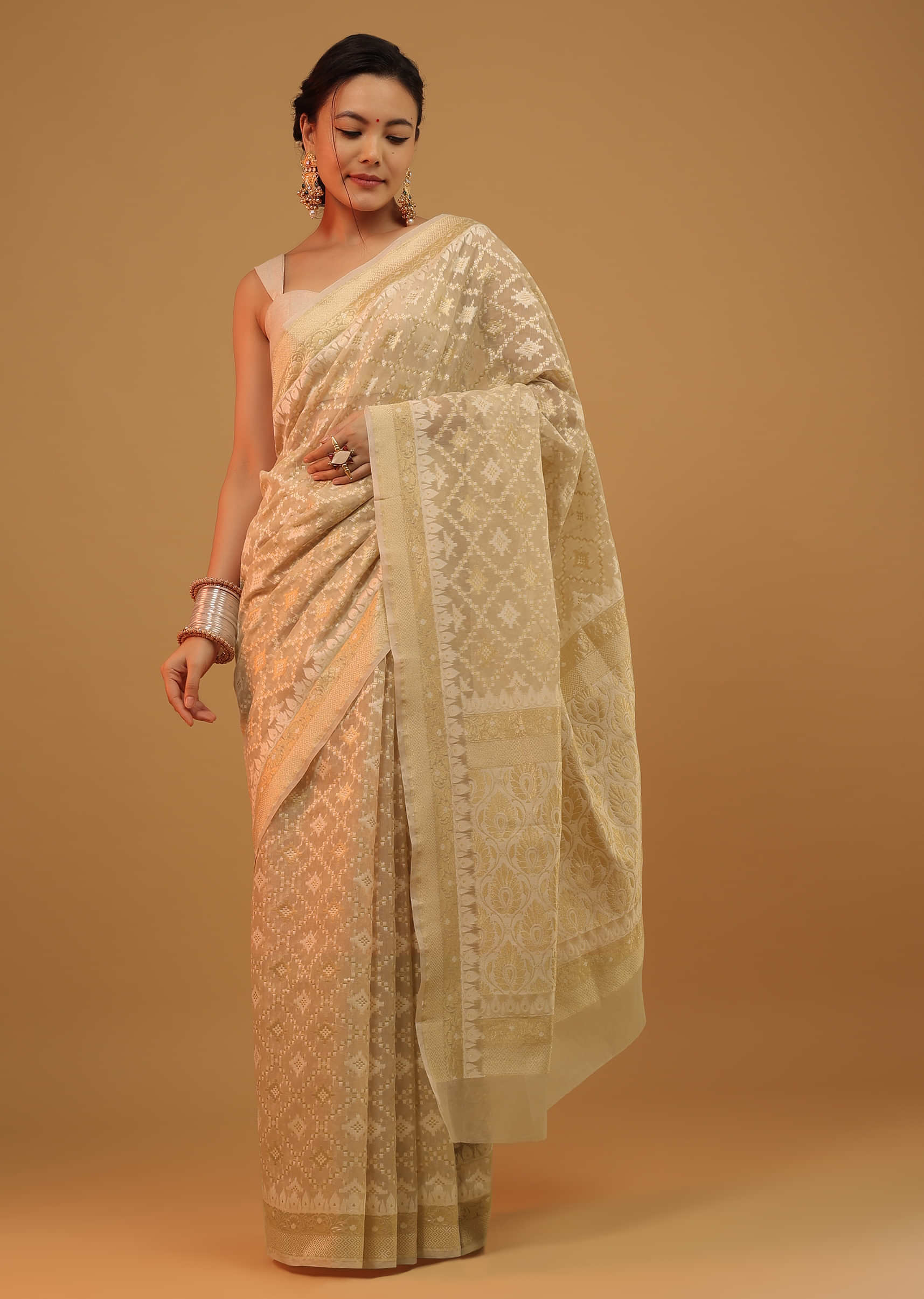 Daffodils Yellow Saree In Pure Handloom Cotton With Banarasi Chanderi Weave