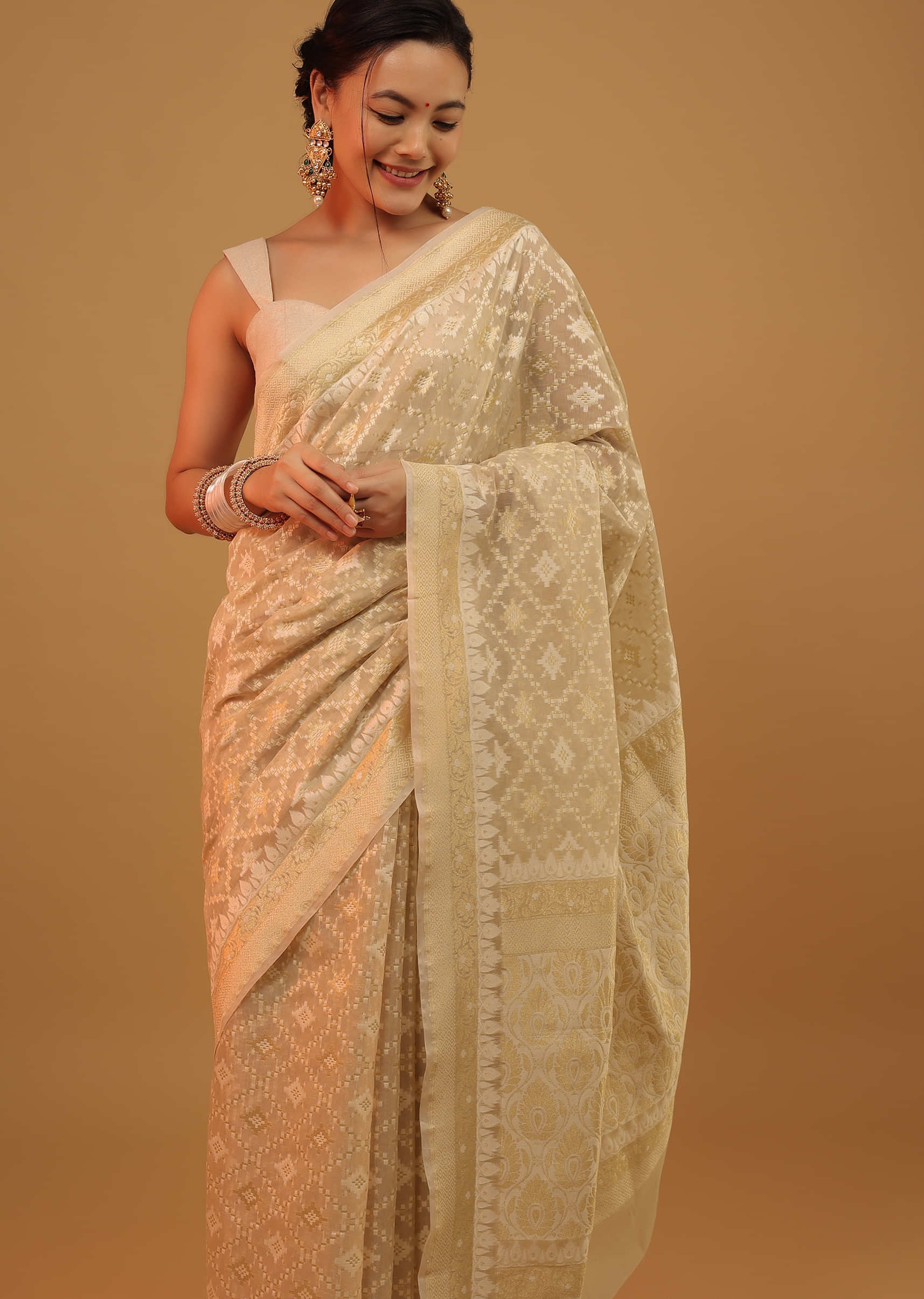 Daffodils Yellow Saree In Pure Handloom Cotton With Banarasi Chanderi Weave