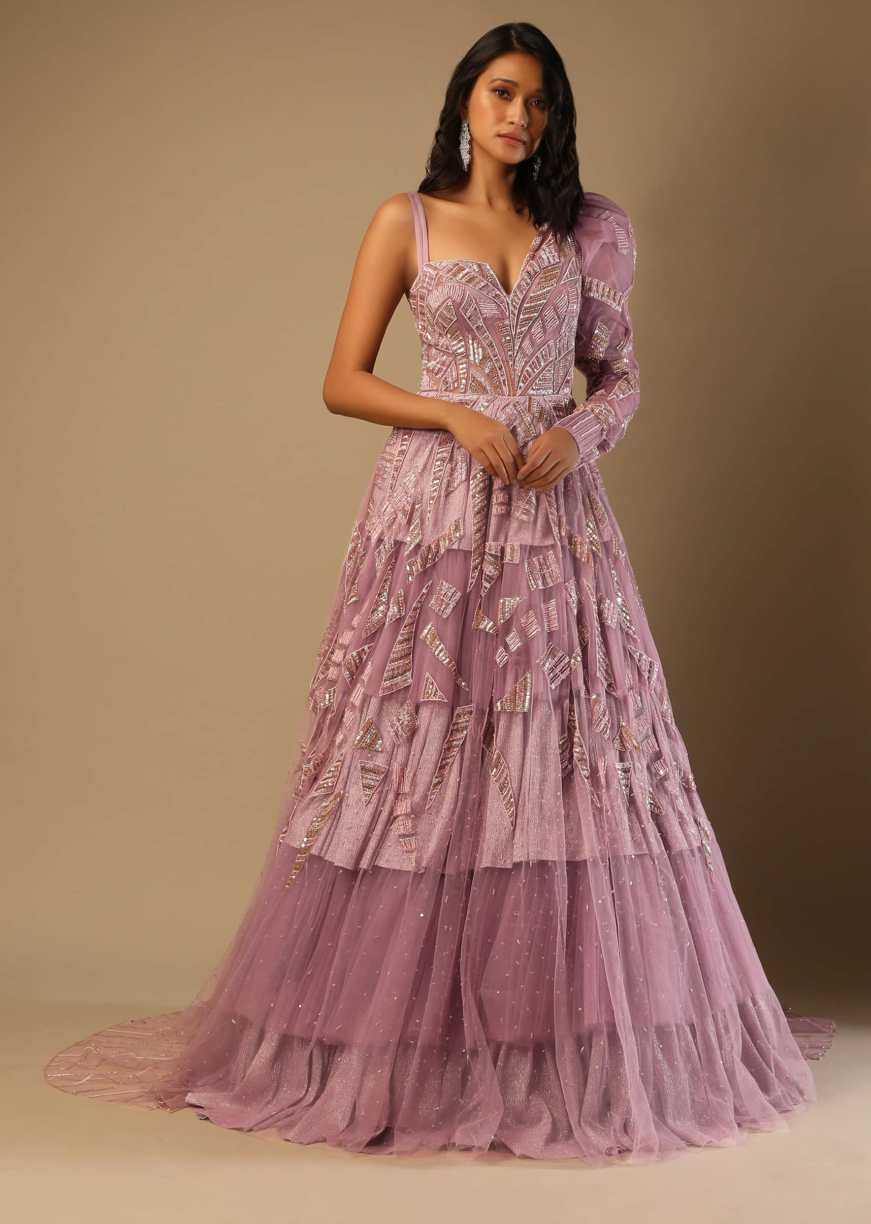 Frozen Mauve Gown With Hand Embroidery And A One Sided Fancy Puff Sleeves   