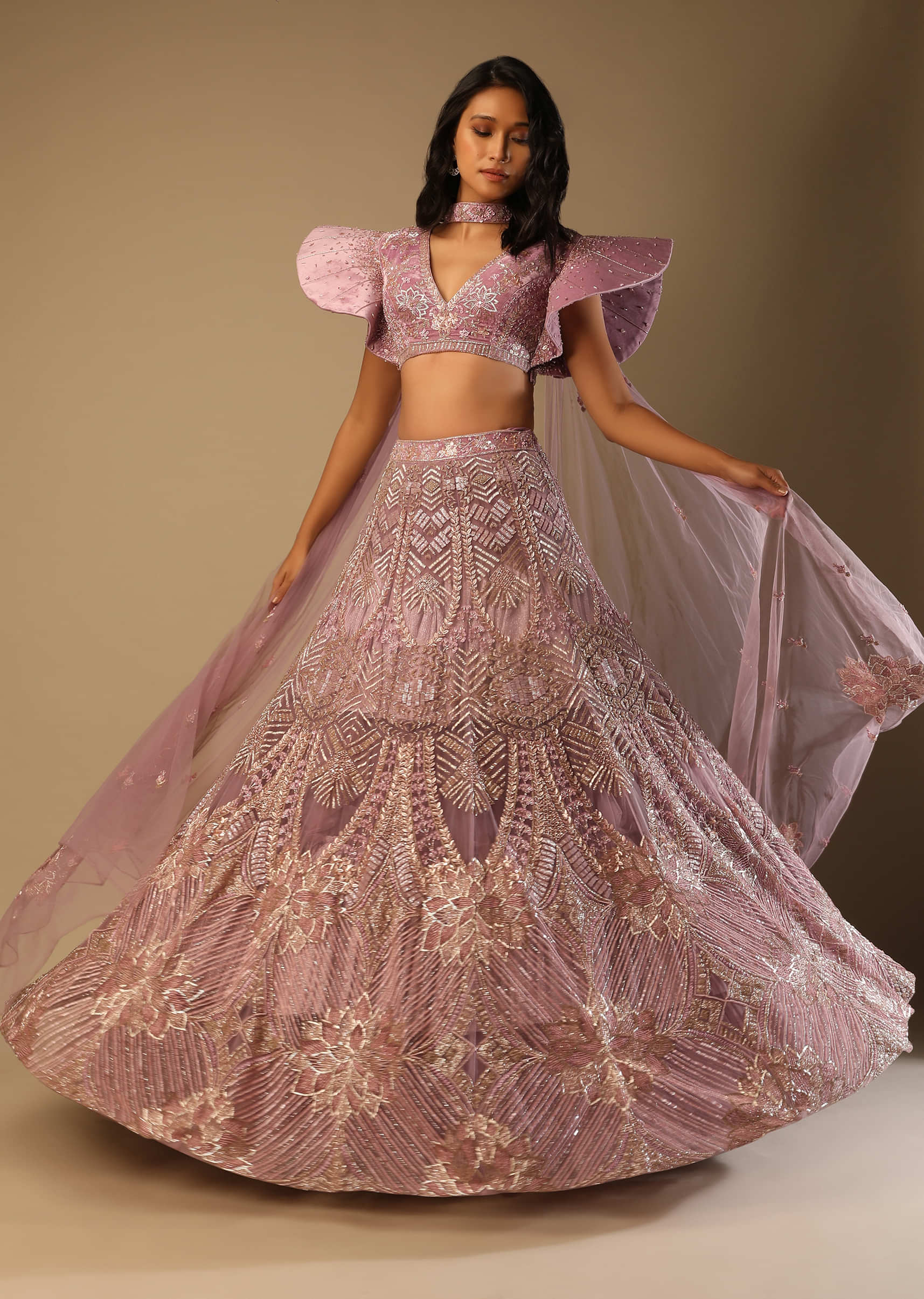 Frozen Mauve Lehenga Choli In Net With Sequins And Cut Dana Embroidered Moroccan Kalis And Fancy Sleeves 