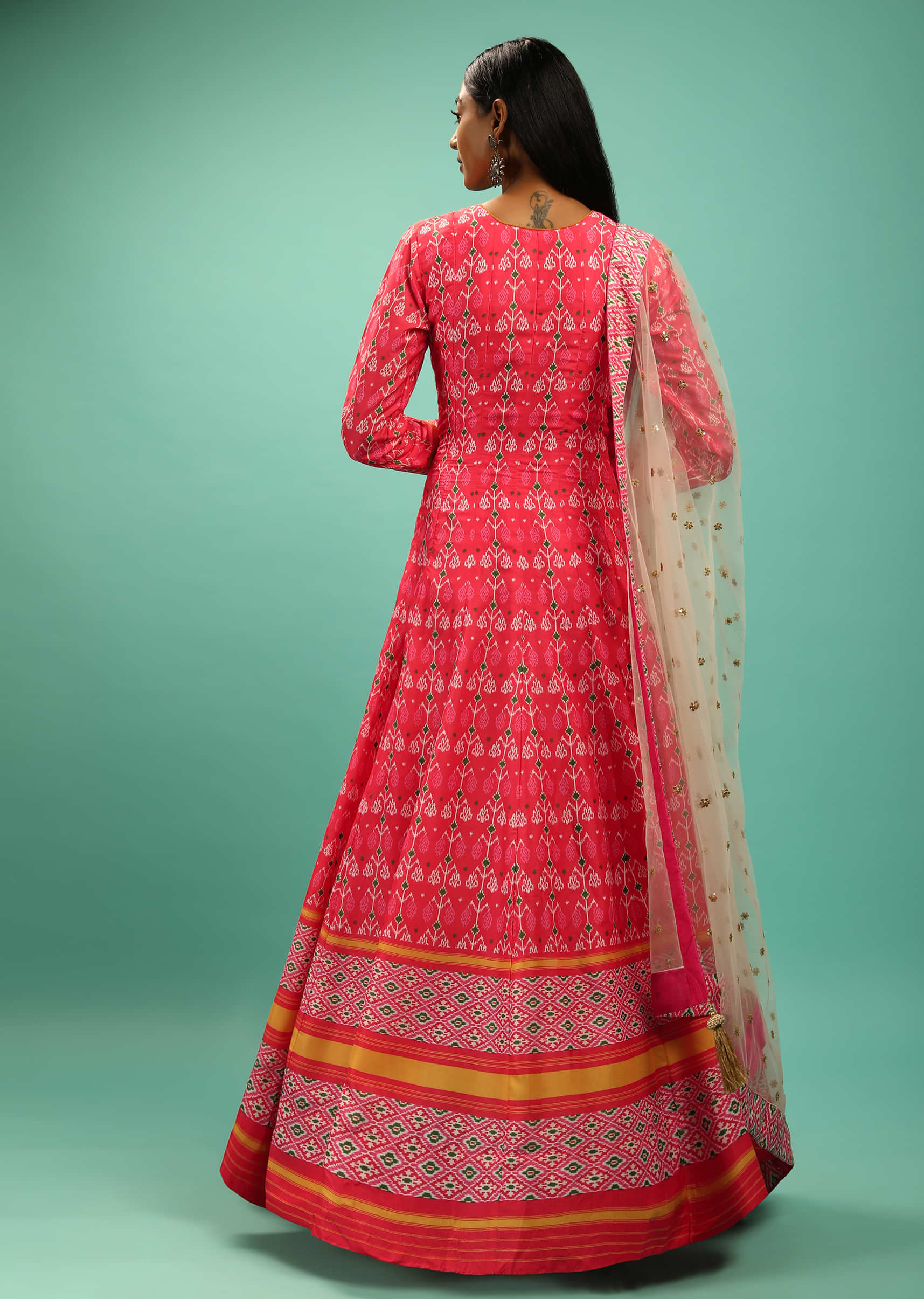 Fuchsia Pink Anarkali Suit With Multi Colored Patola Print And Mirror Embroidery  