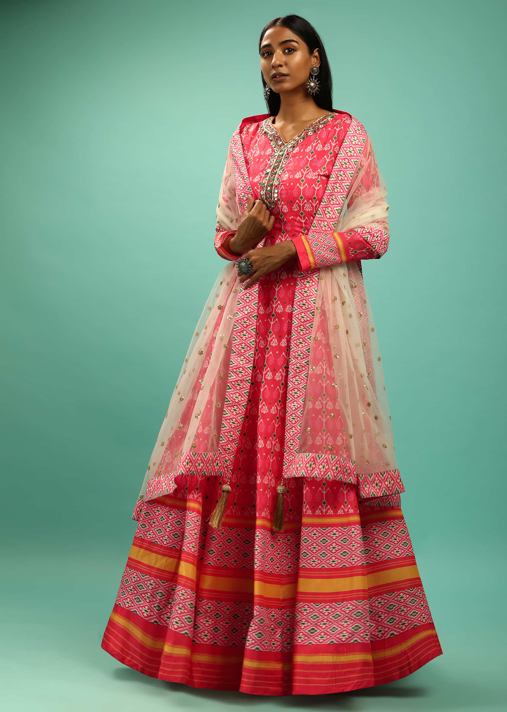 Fuchsia Pink Anarkali Suit With Multi Colored Patola Print And Mirror Embroidery  