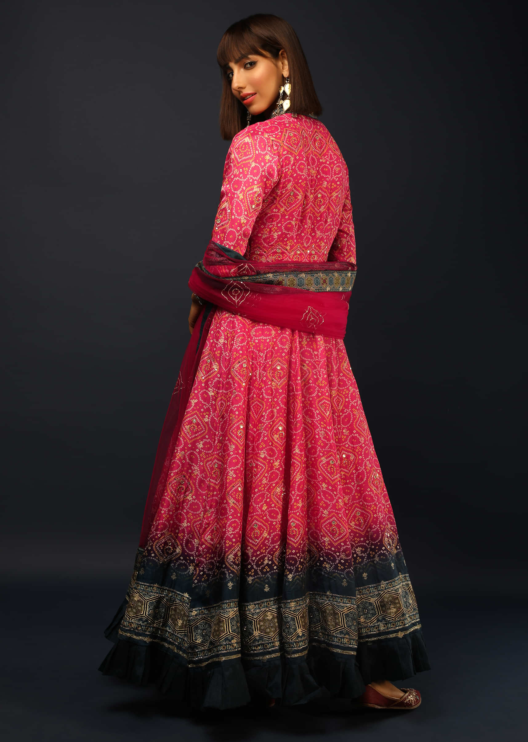 Fuchsia Pink And Navy Blue Shaded Anarkali Suit In Brocade Silk With Bandhani Print All Over  