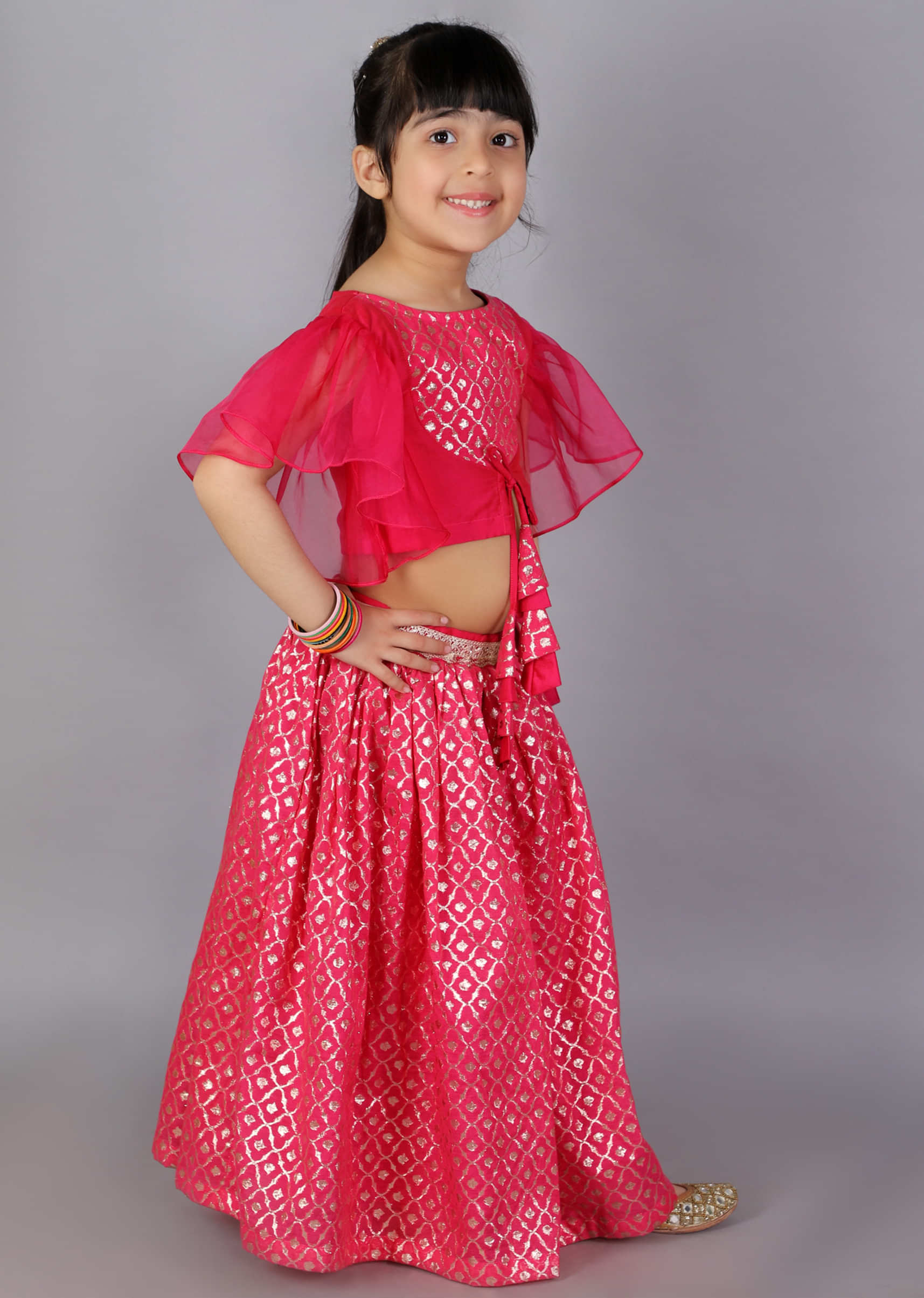 Kalki Girls Fuchsia Pink Lehenga And Crop Top With Organza Sleeves And Woven Design