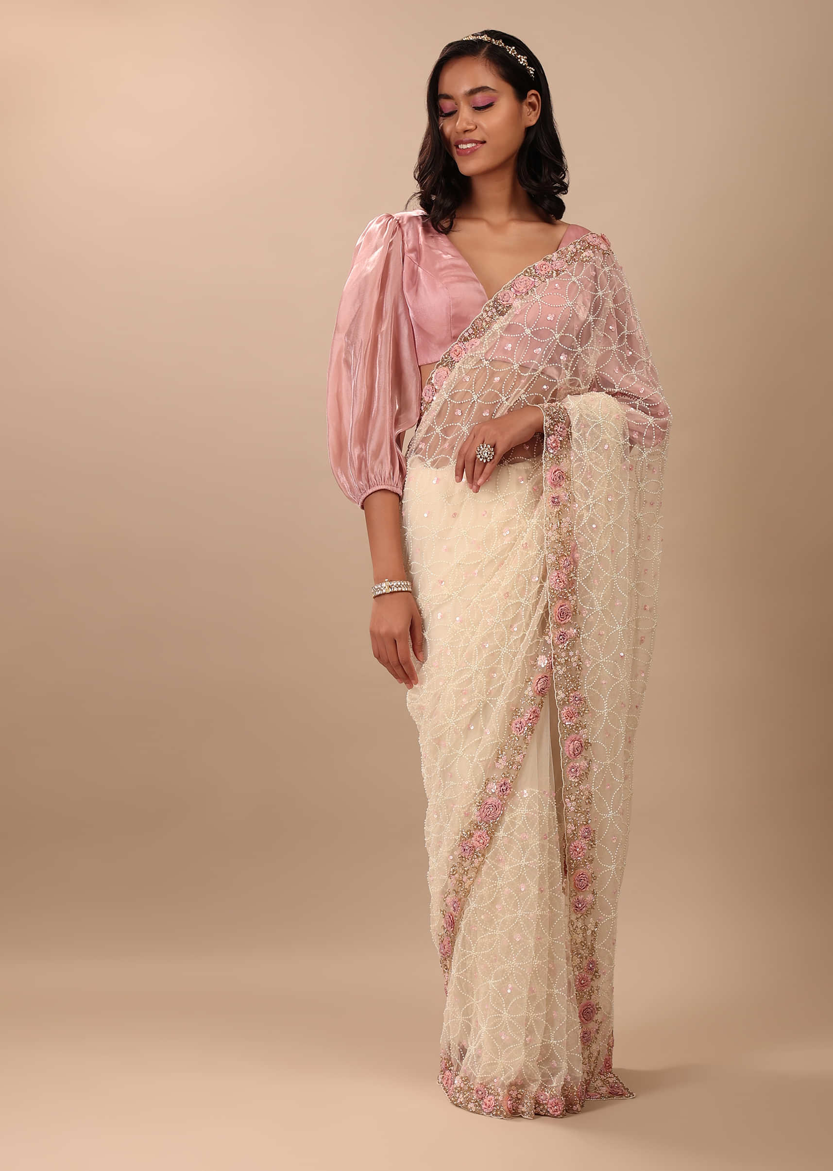 Pearl White Saree Fully Embroidered In Net Fabric