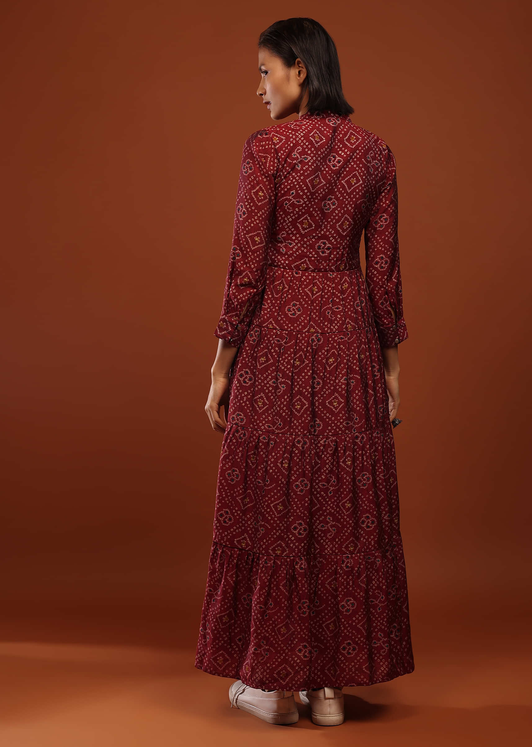 Brick Red Tiered Dress In Silk With Bandhani Print