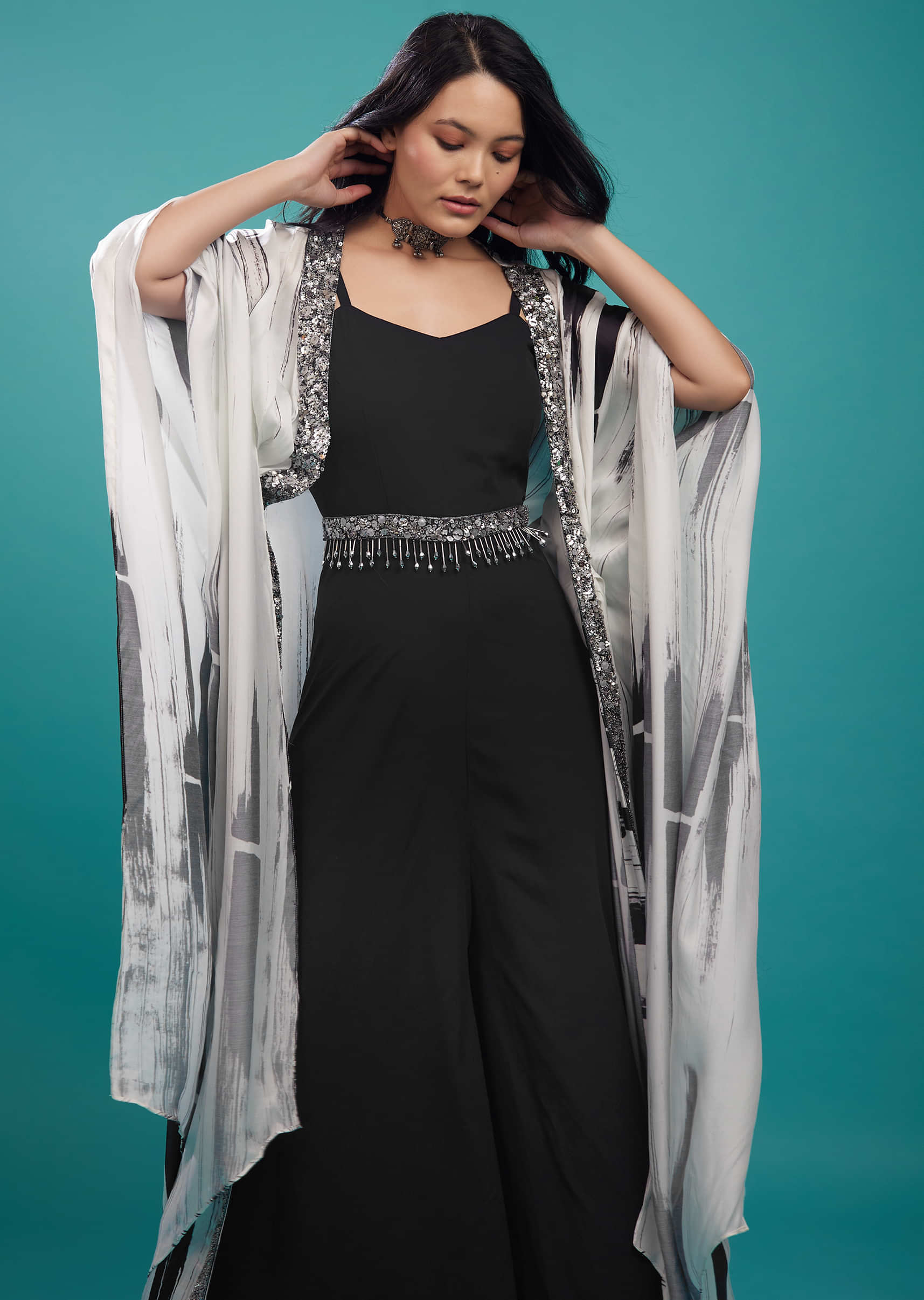 Georgette Black Jumpsuit With A Long Satin Striped Shrug