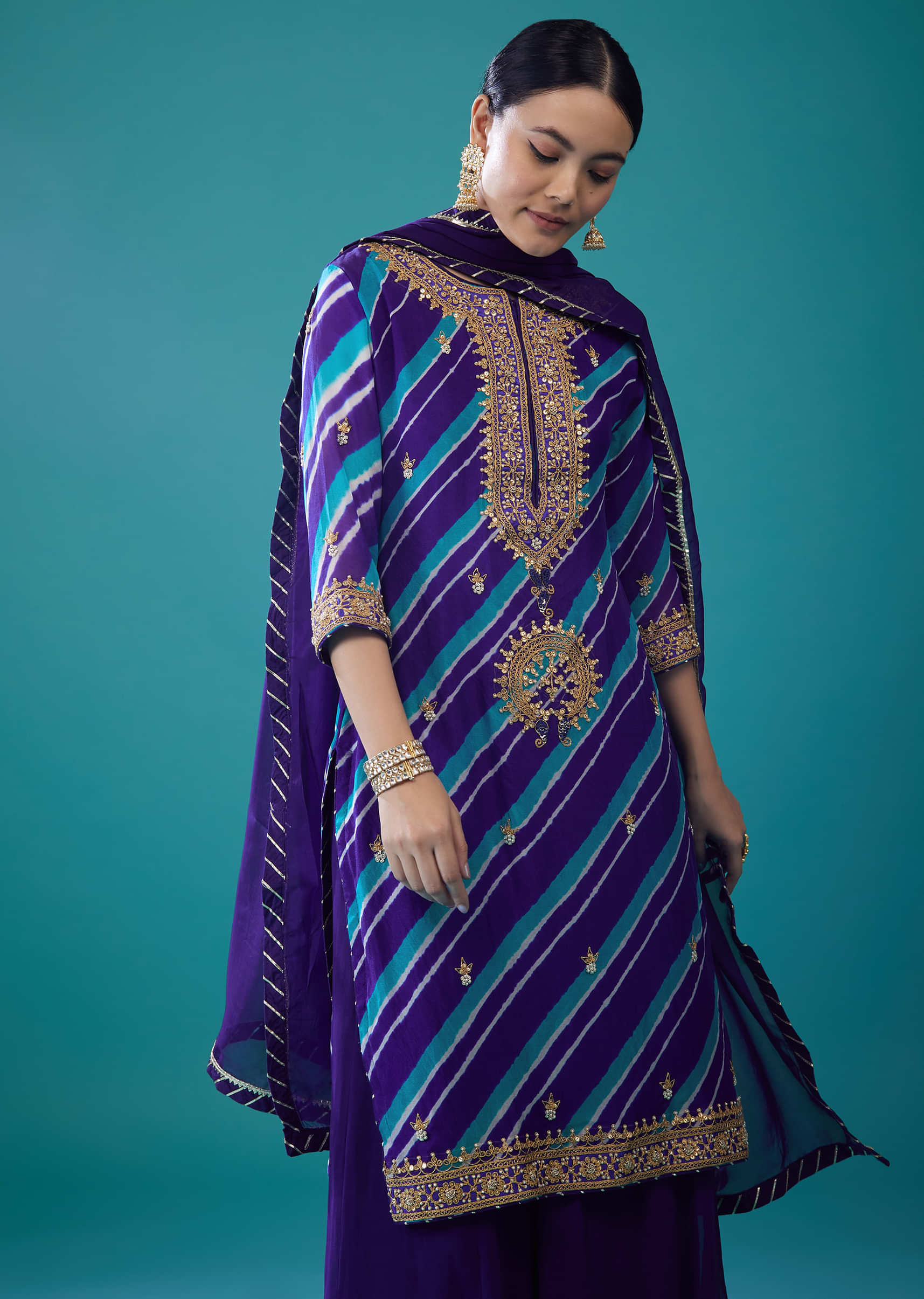 Georgette Spectrum Royal Blue Leheriya Palazzo Set With Embroidery