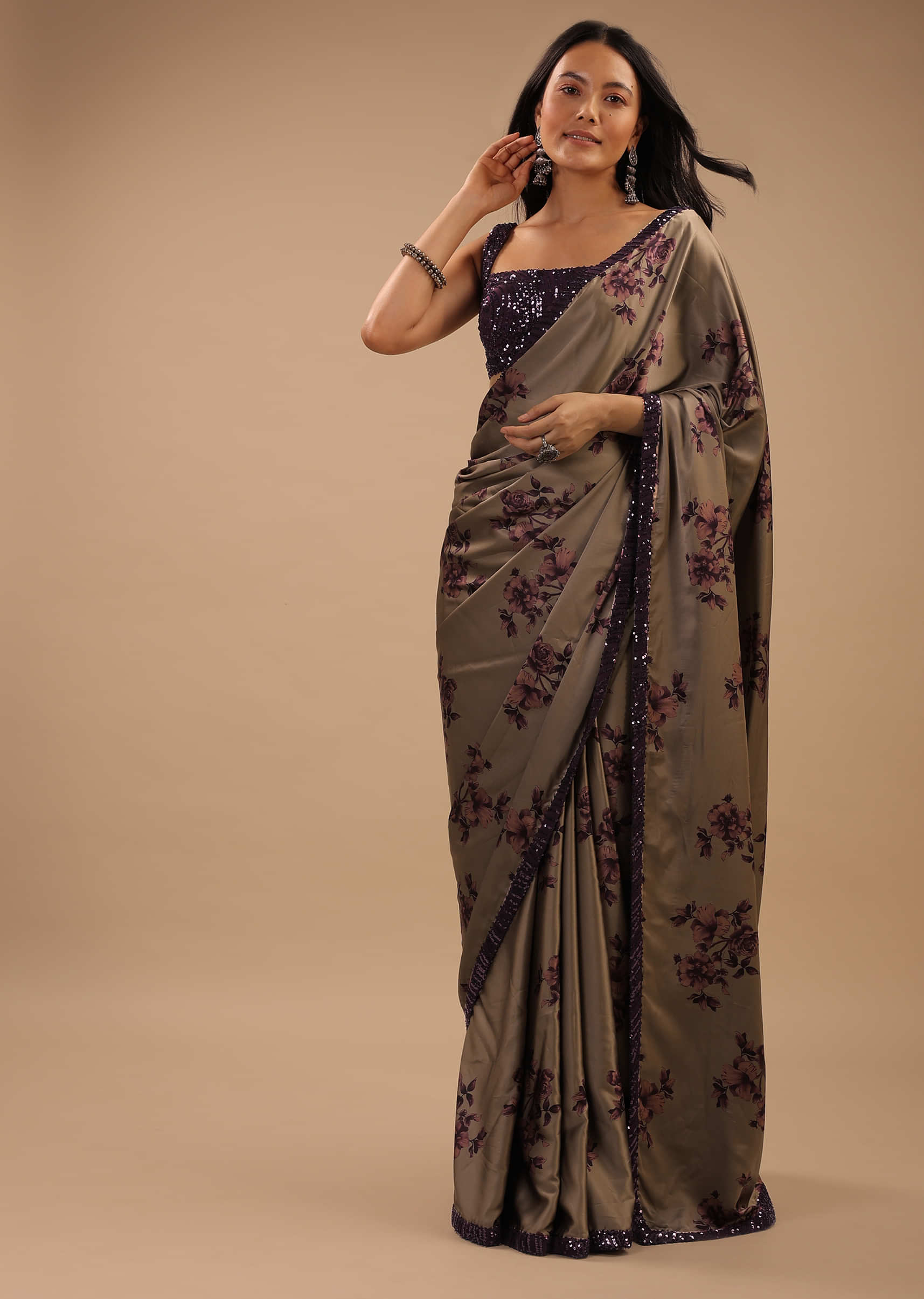 Ginger Grey Satin Saree With Floral Print And Purple Sequin Border