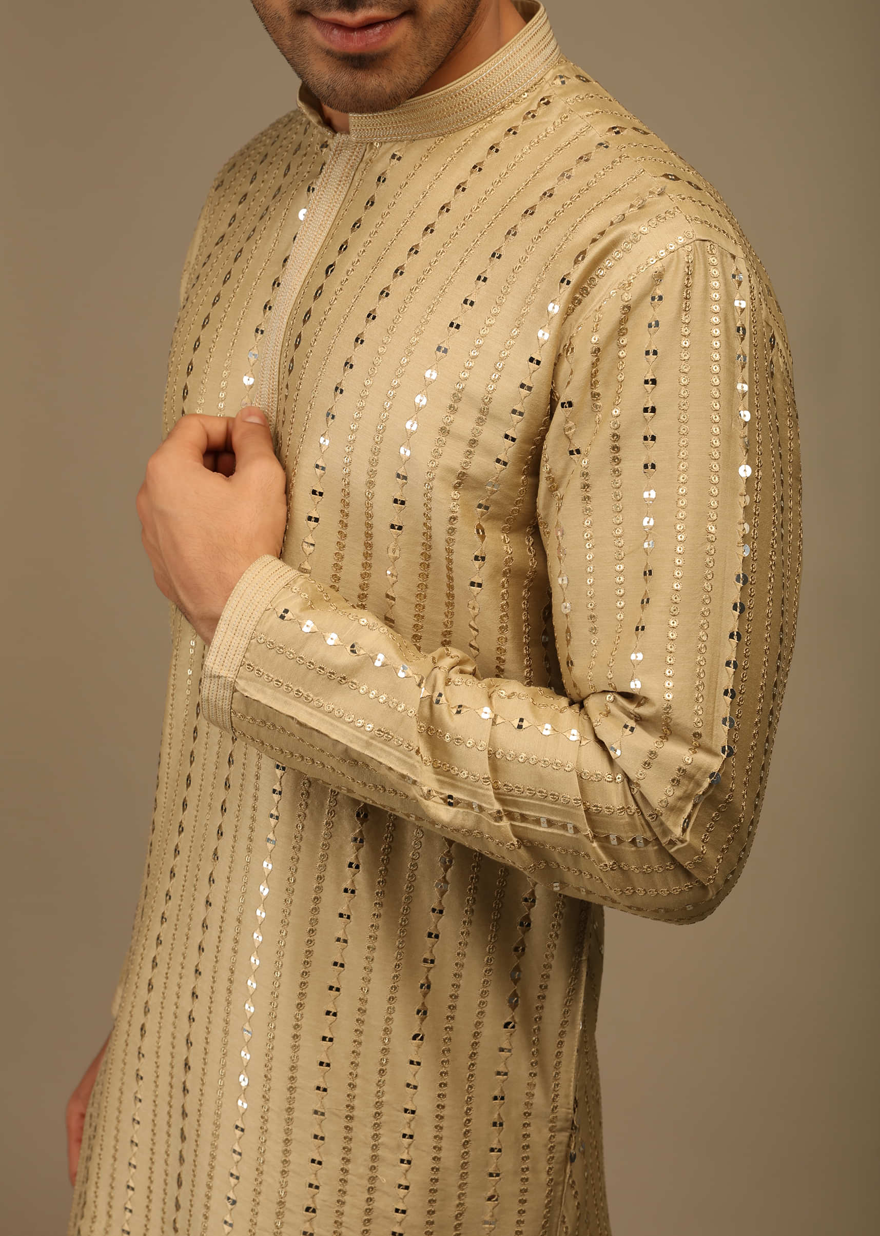 Ginger Taupe Kurta Set In Silk With Resham And Sequins Abla Embroidered Striped Design