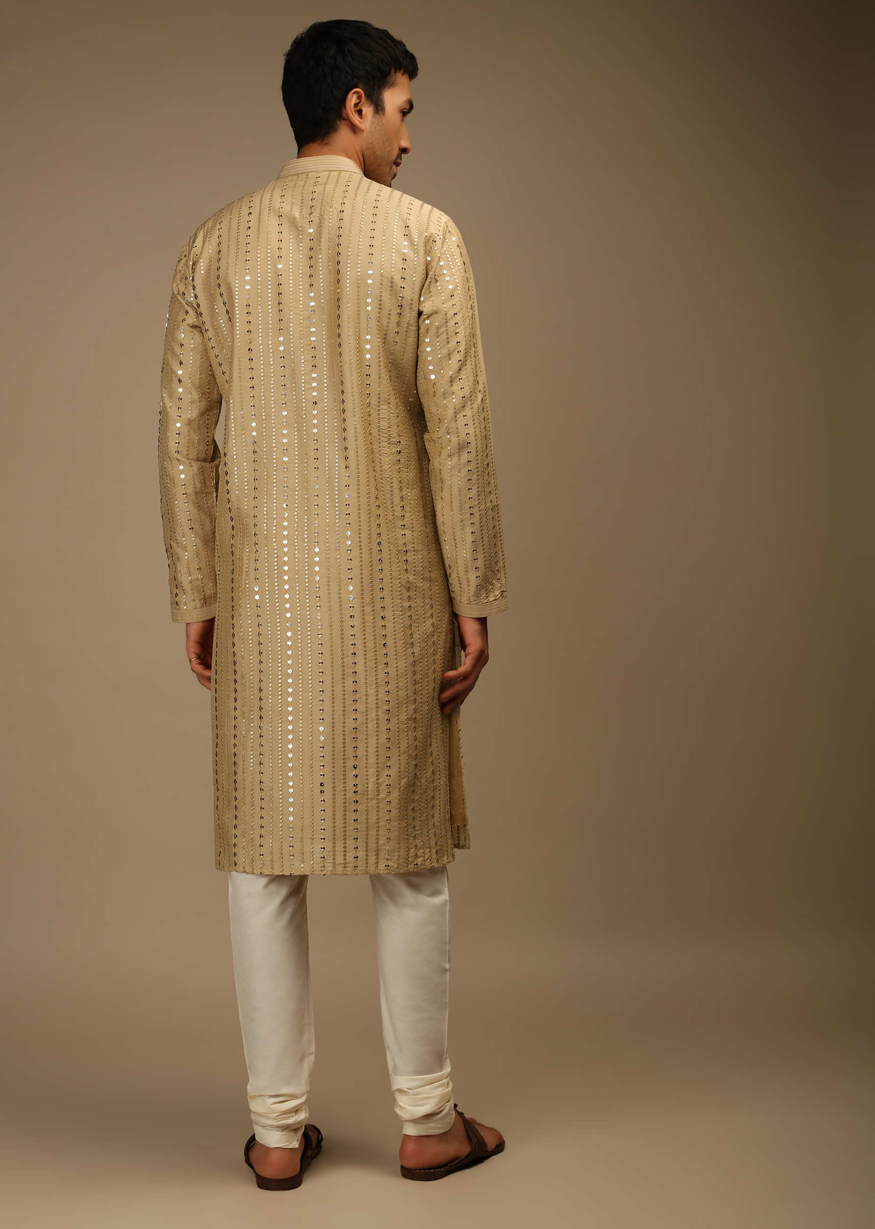 Ginger Taupe Kurta Set In Silk With Resham And Sequins Abla Embroidered Striped Design