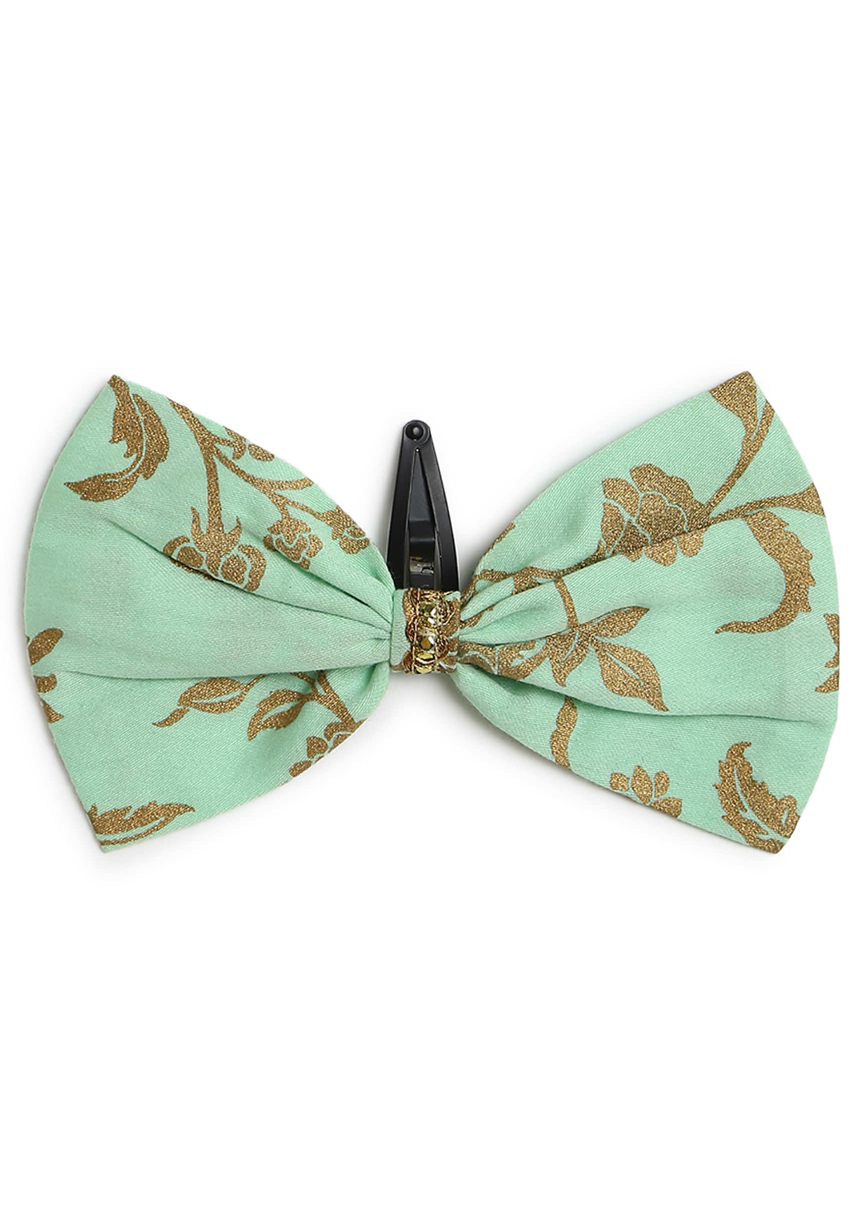 Kalki Girls Combo Of Sea Green Embroidered Cord Set And Gold Printed Bow Hairclip