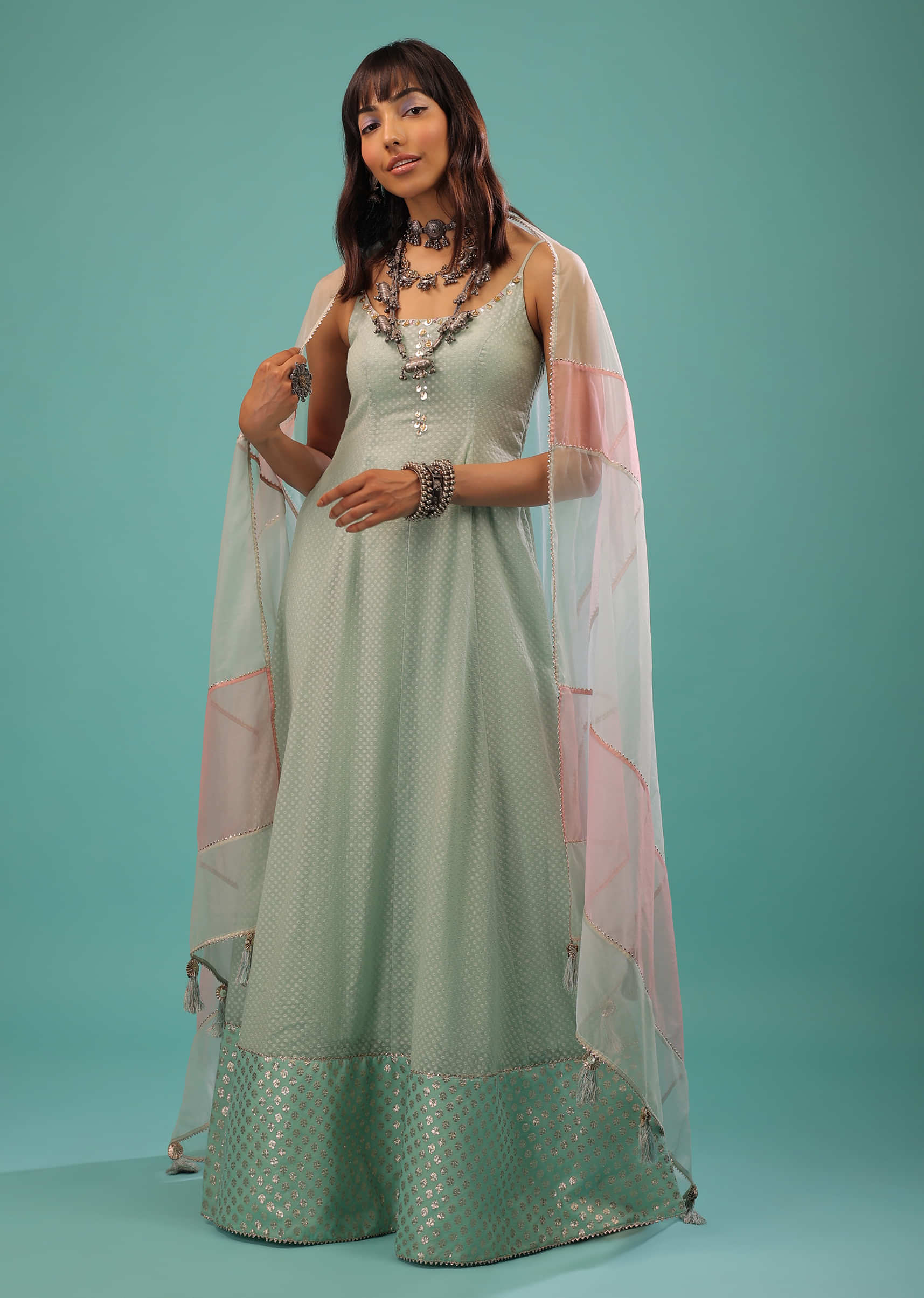 Powder Blue Sleevless Chanderi Anarkali And Palazzo Suit