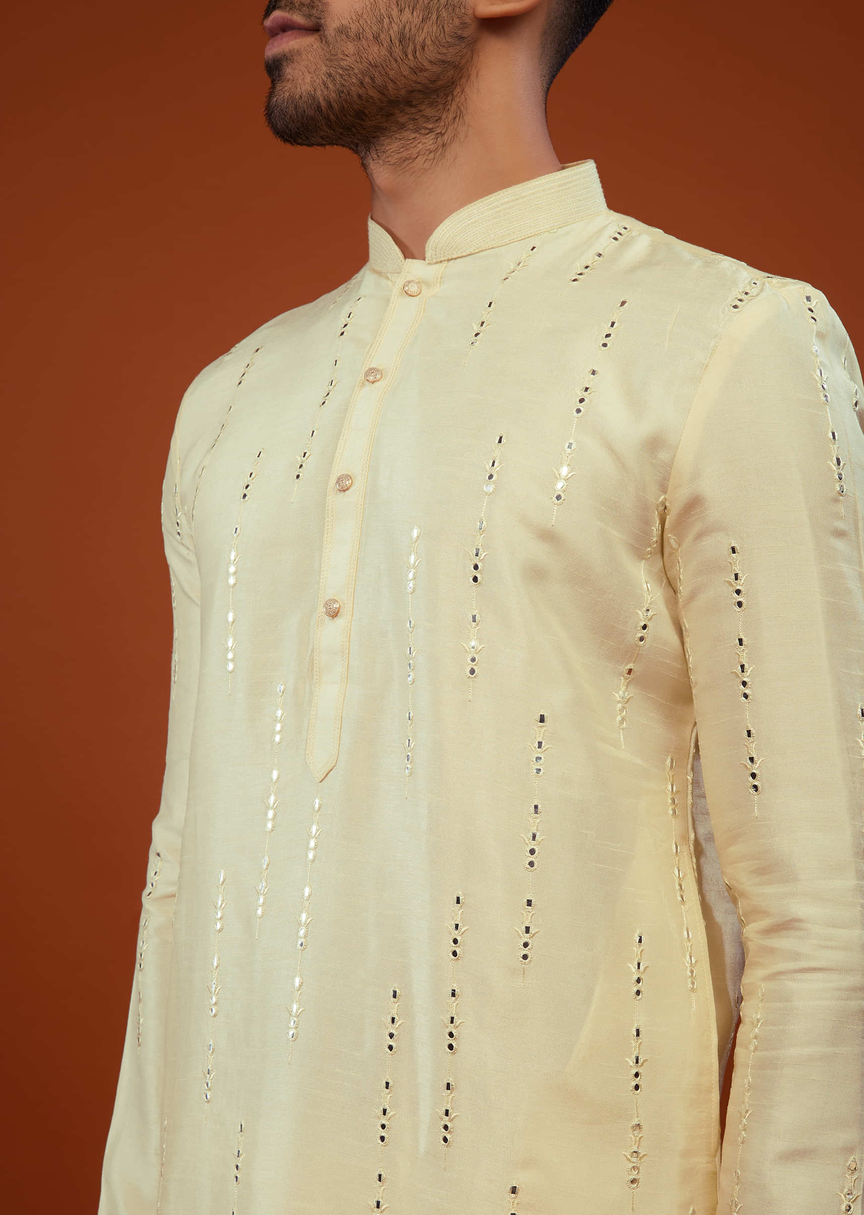 Cream White Embroidered Kurta With Mirror Work In Cotton Silk