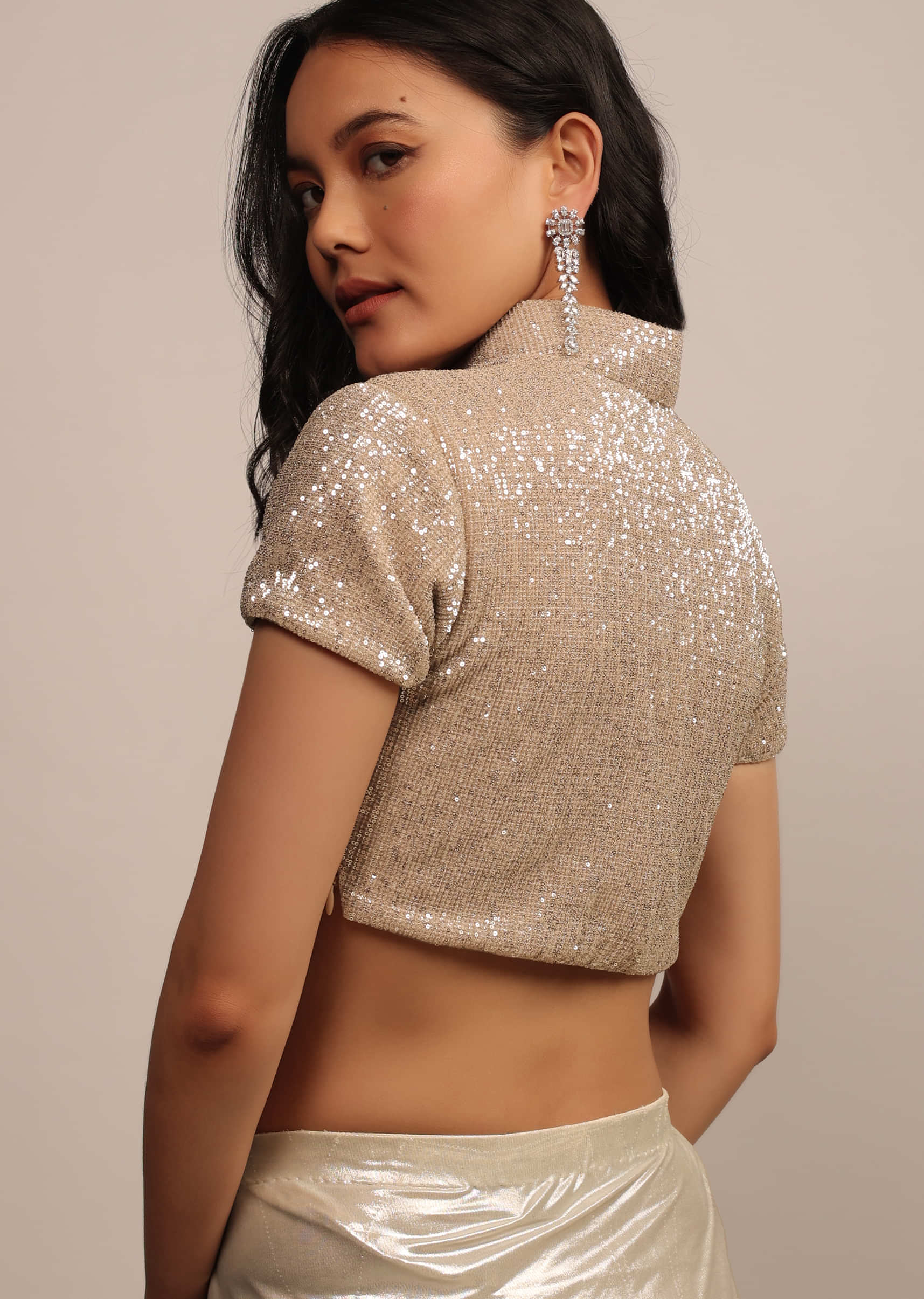 Glittery Golden Blouse In Sequins And A Collared V Neckline