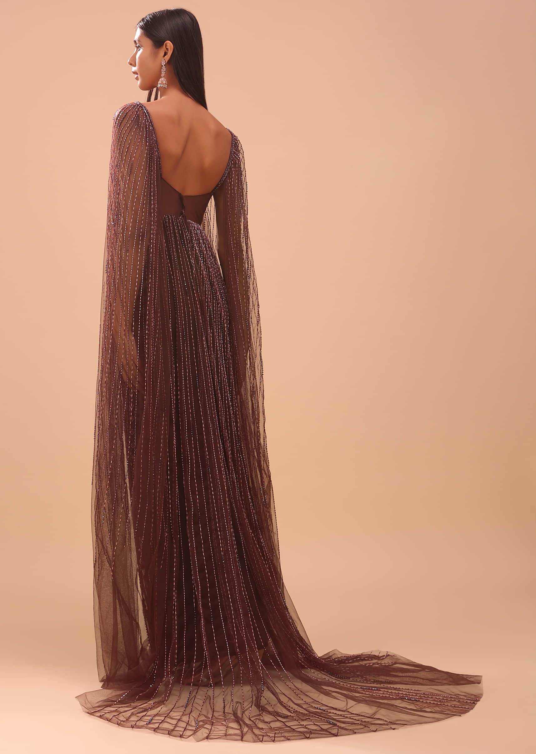 Chocolate Brown Gown In With Dreamy Cape Sleeves - NOOR 2022