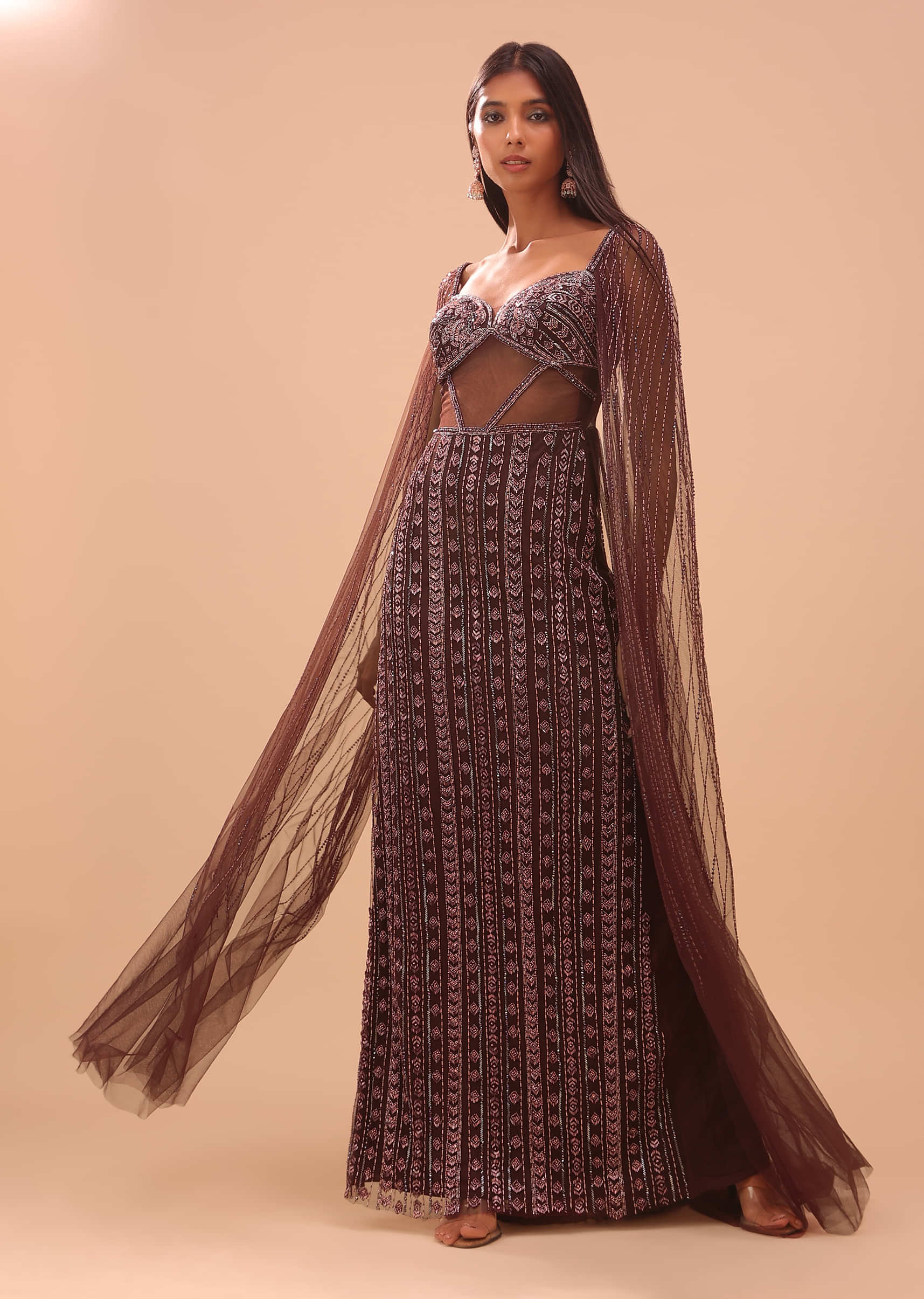 Chocolate Brown Gown In With Dreamy Cape Sleeves - NOOR 2022