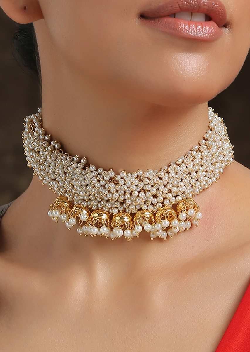 Gold Choker Necklace With Shell Pearls And Attached Nano Jhumkas Adorned With Trinkets Of Pearls By Paisley Pop