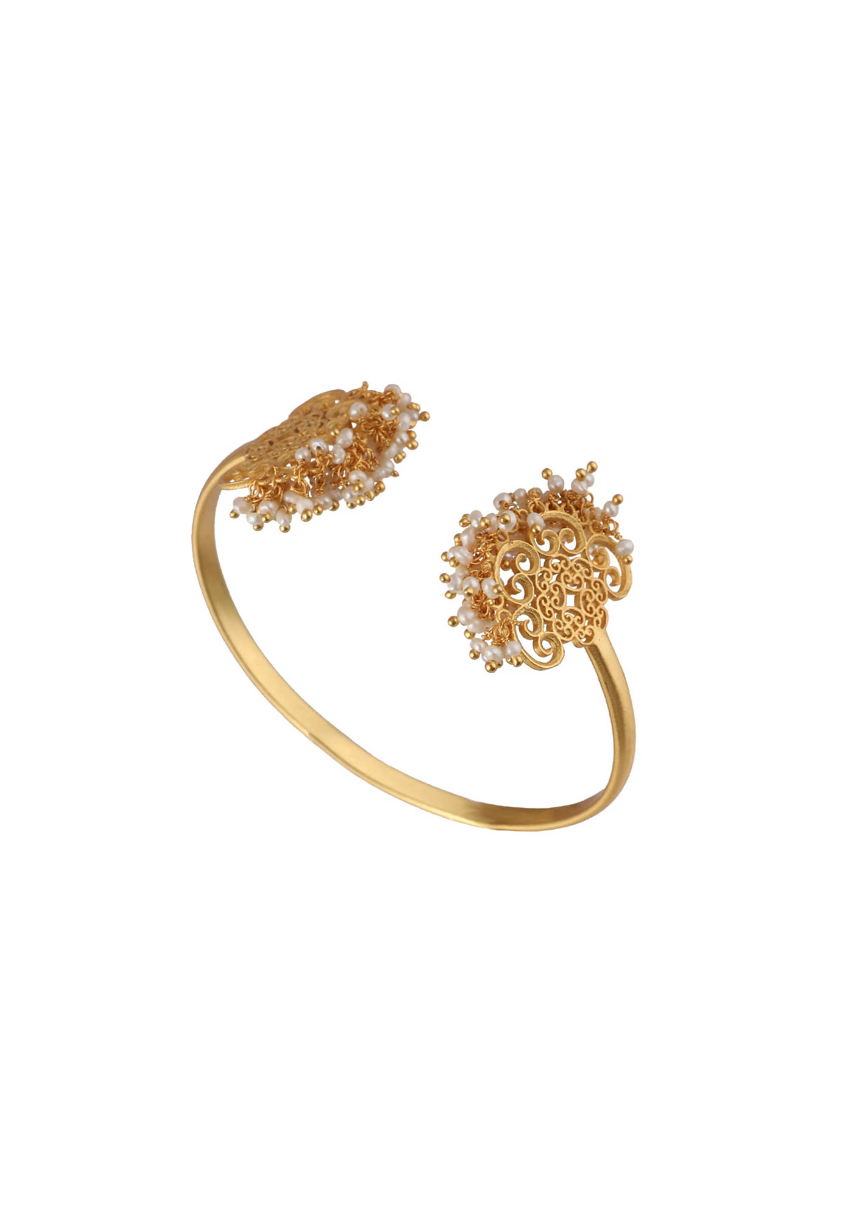 Gold Plated Bangle With Filigree Motif Lined In Pearl Beads By Zariin