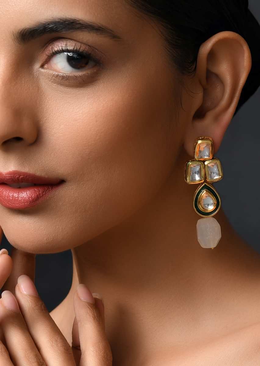 Gold Plated Earrings Handcrafted Using Green Stones And Kundan By Paisley Pop