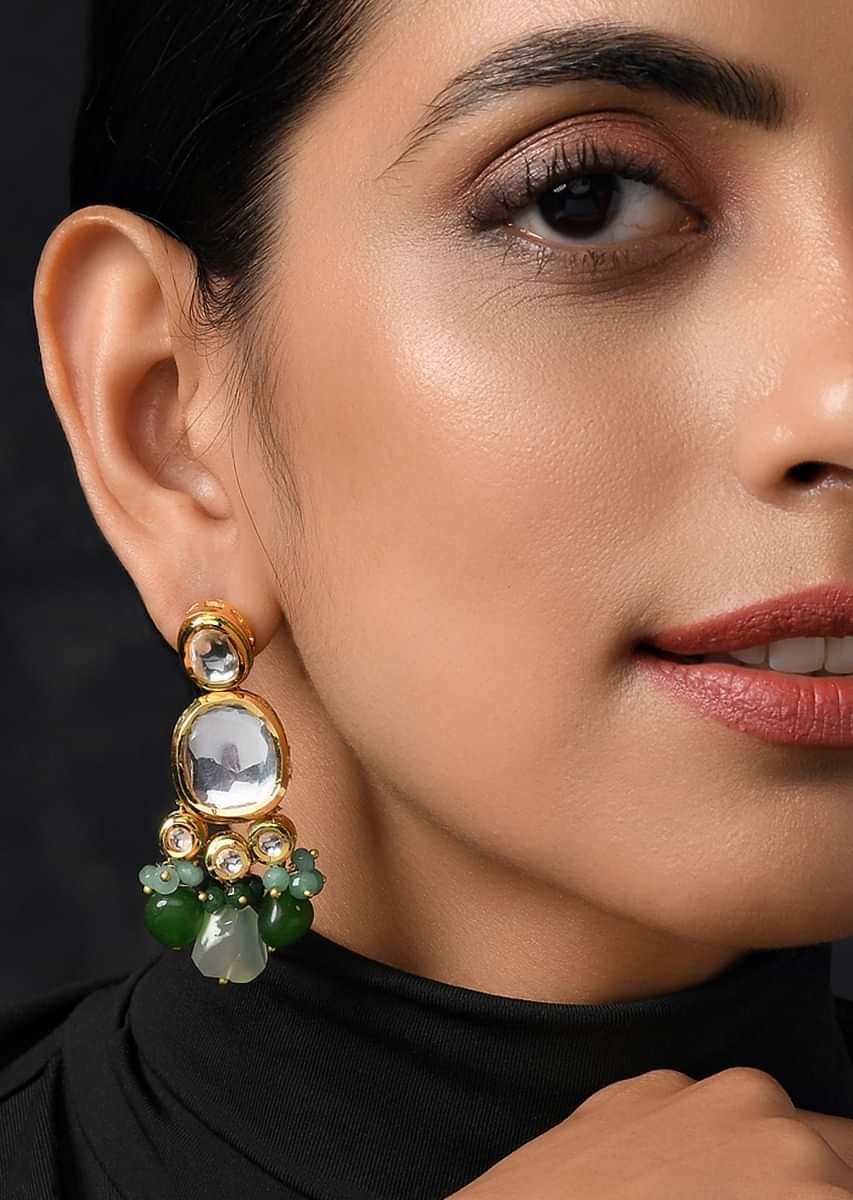 Gold Plated Earrings Handcrafted With Kundan And Dangling Green Beads By Paisley Pop
