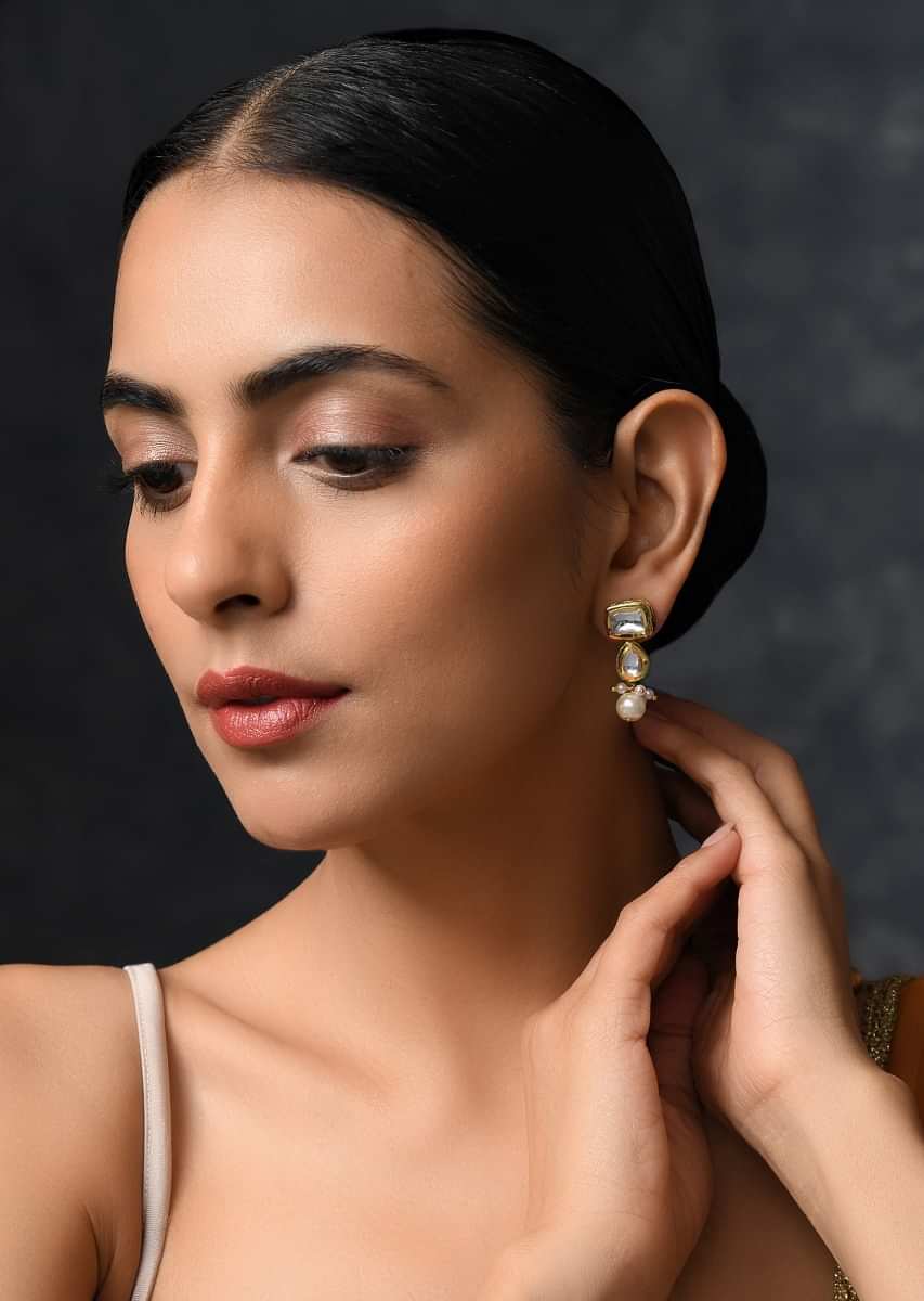 Gold Plated Earrings With Intricate Kundan Work In Tiny Geometric Motifs With Moti Tassels By Paisley Pop