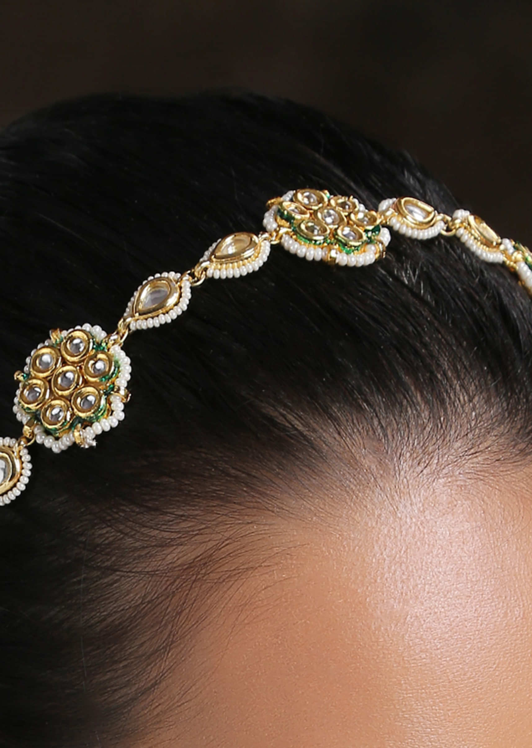 Gold Plated Headband With Uncut Polki Arranged In Floral Motifs Along With Moti Detailing On The Edges By Paisley Pop