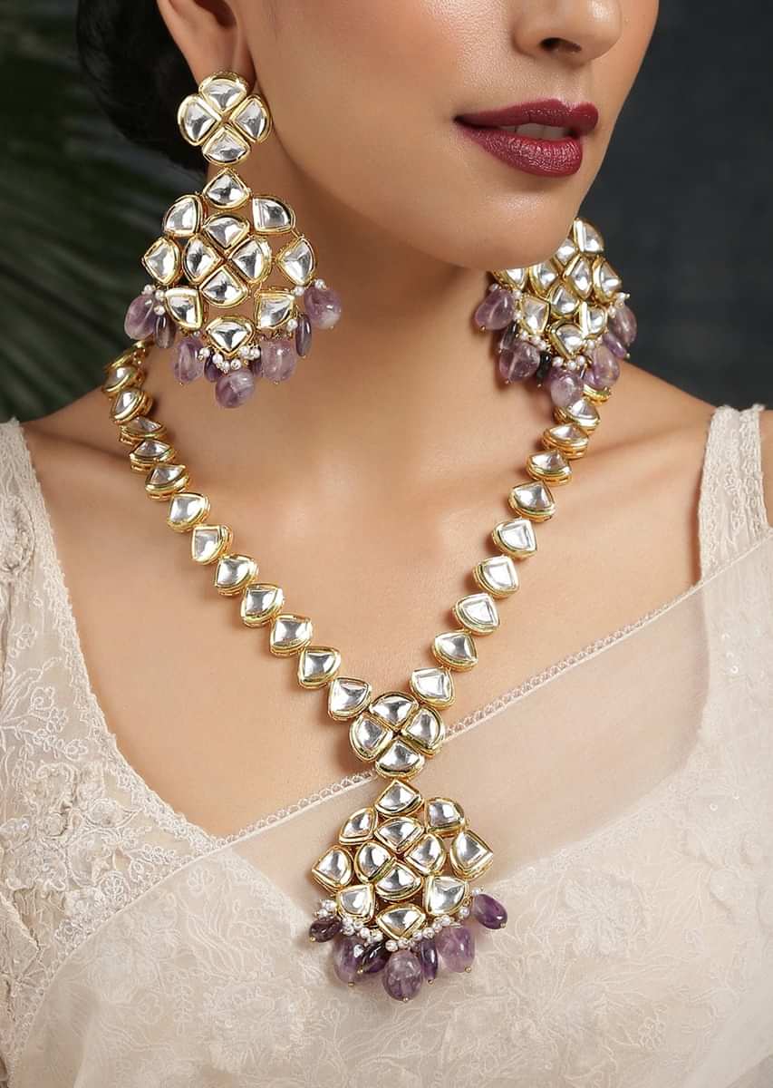 Gold Plated Kundan Necklace Set Handcrafted With Dangling Purple Stone By Paisley Pop