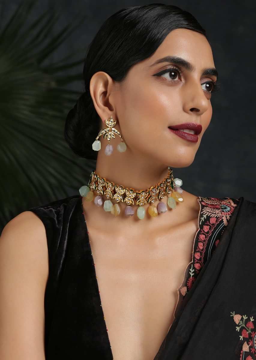 Gold Plated Necklace And Earrings Set Adorned In Kundan And Embellished With Dangling Emerald Pastel Stones By Paisley Pop