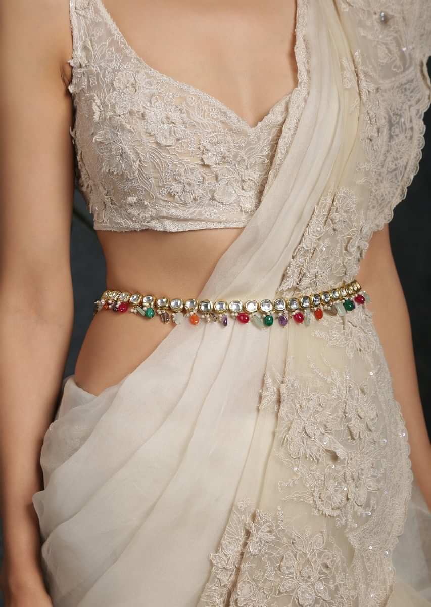 Gold Plated Polki Waist belt With High Grade Shell Pearls And Dangling Multicolored Semi Precious Stones By Paisley Pop