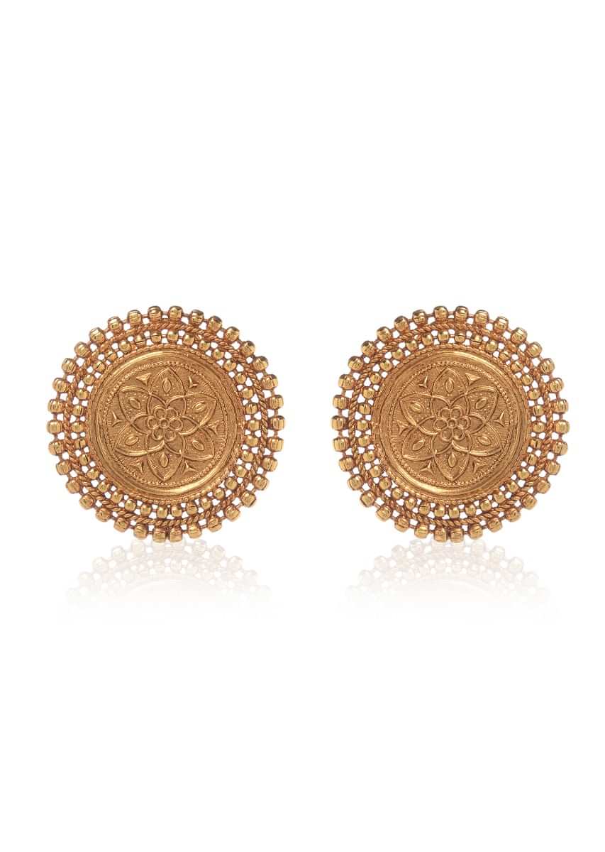 Gold Plated Stud Earrings With Intricate Temple Work Crafted In A Round Motif By Paisley Pop