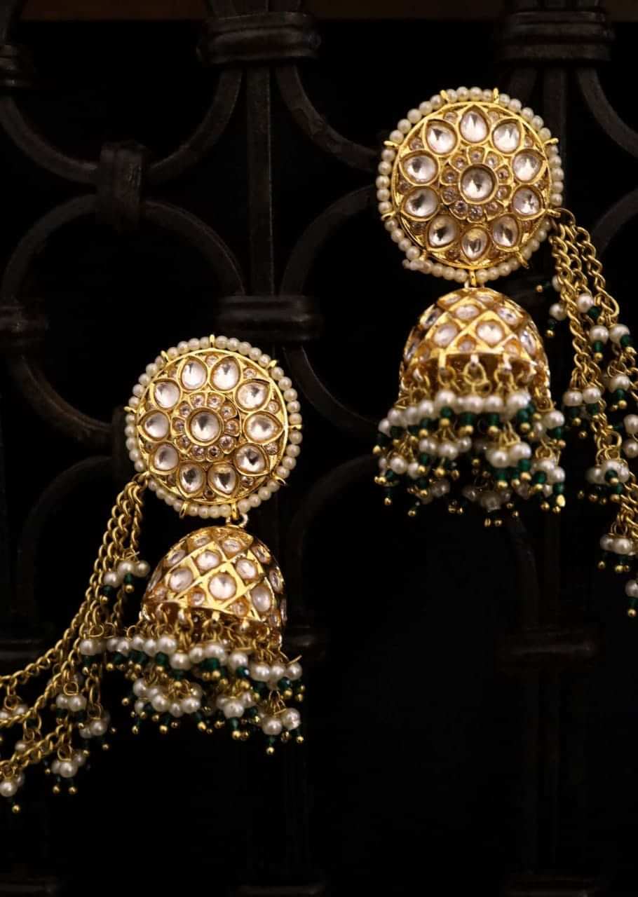 Gold And Green Jhumkas Encrusted With Kundan And Ling Pearl Hair Chain By Paisley Pop