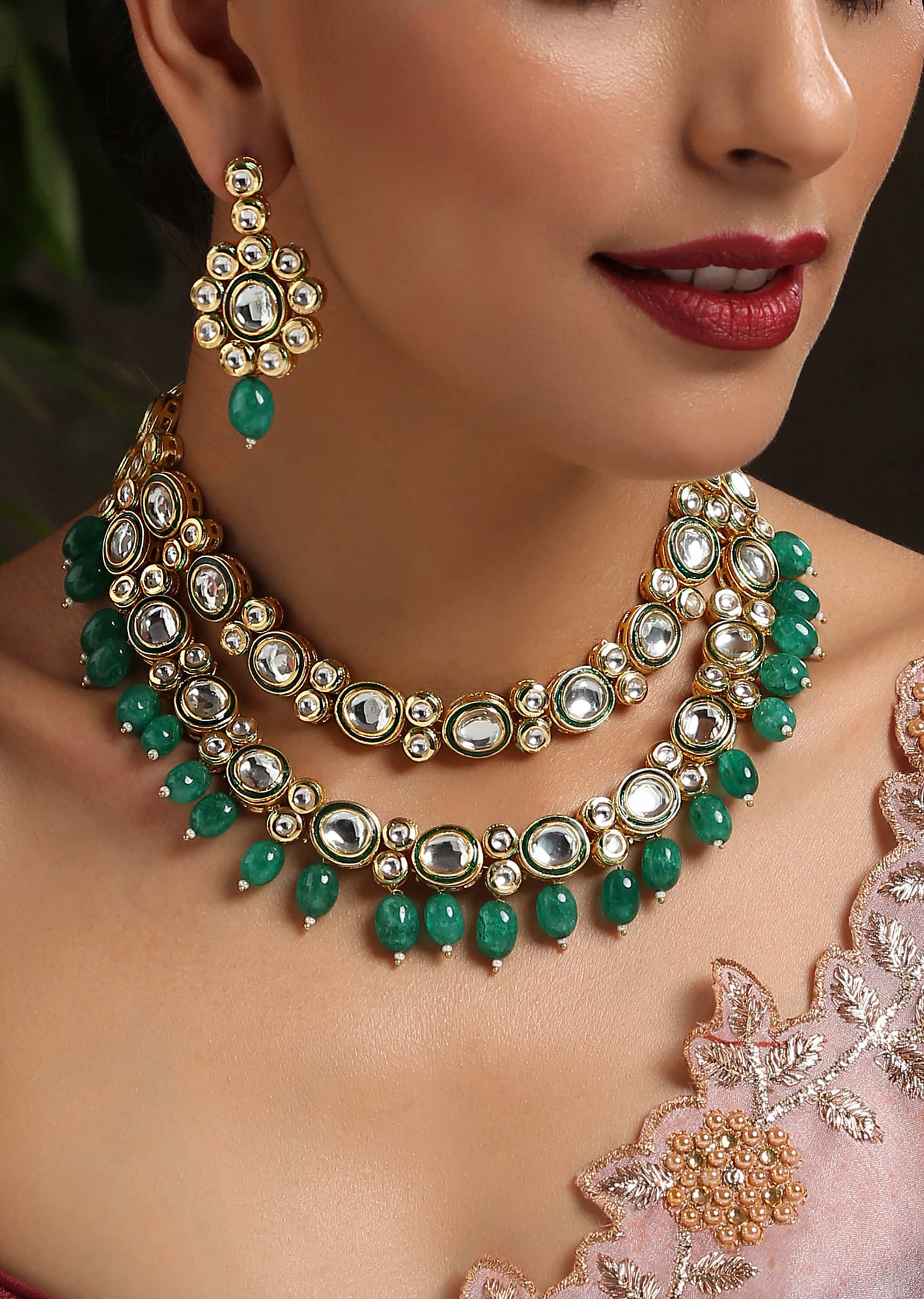 Gold And Green Layered Necklace Set With Kundan Work And Green Stone Drops By Paisley Pop