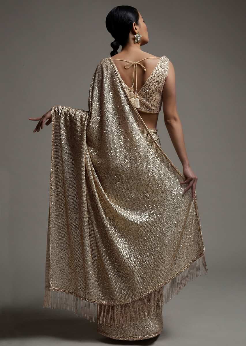 Gold Beige Saree Embellished In Sequins With Fringes On The Pallu And Unstitched Blouse