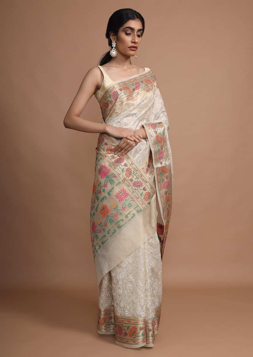 Gold Beige Saree In Zari Kota Silk With Hand Embroidered Floral Jaal Using Resham Threads