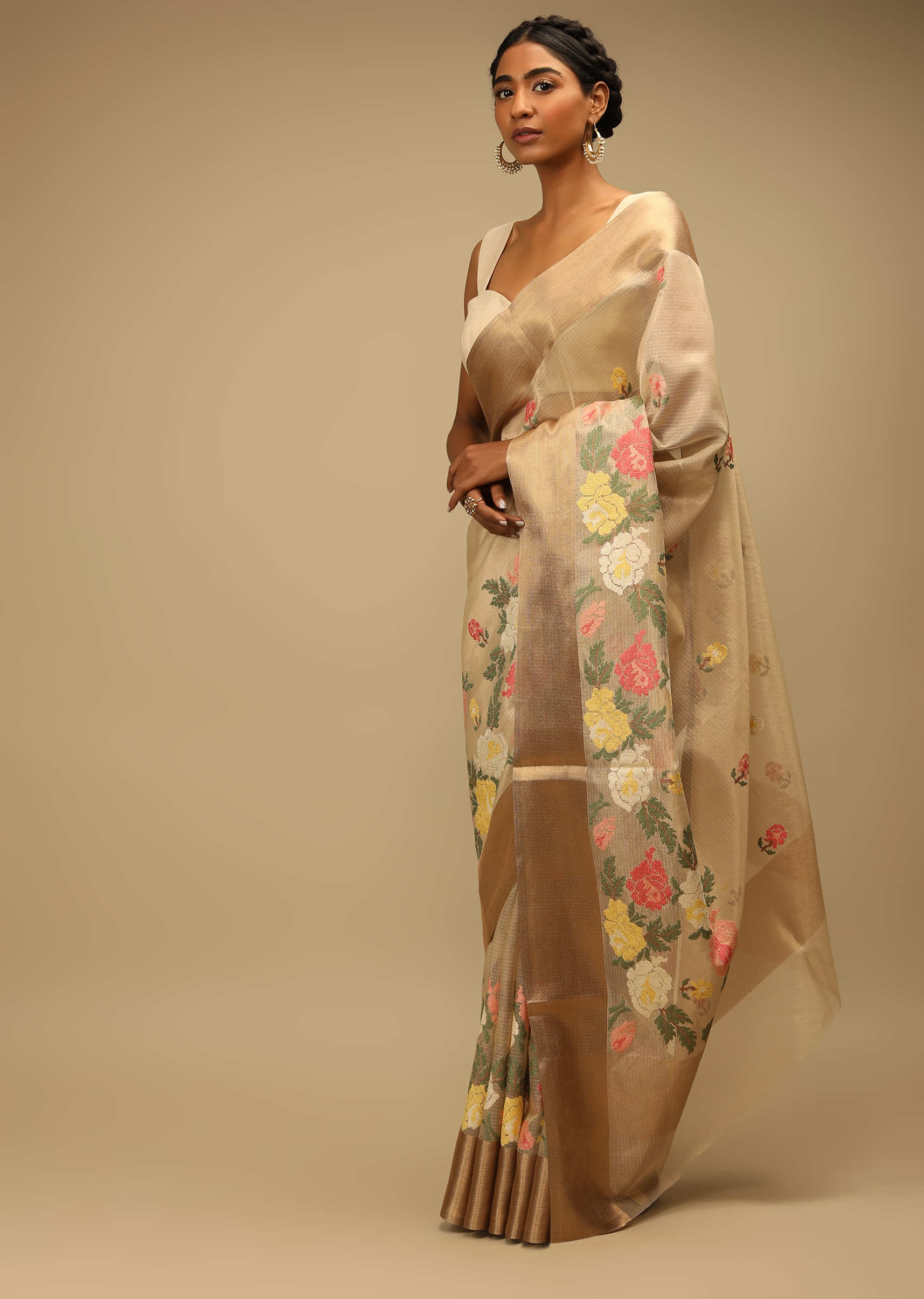 Gold Beige Saree In Zari Kota Silk With Multi Colored Resham Embroidered Flowers On The Border 