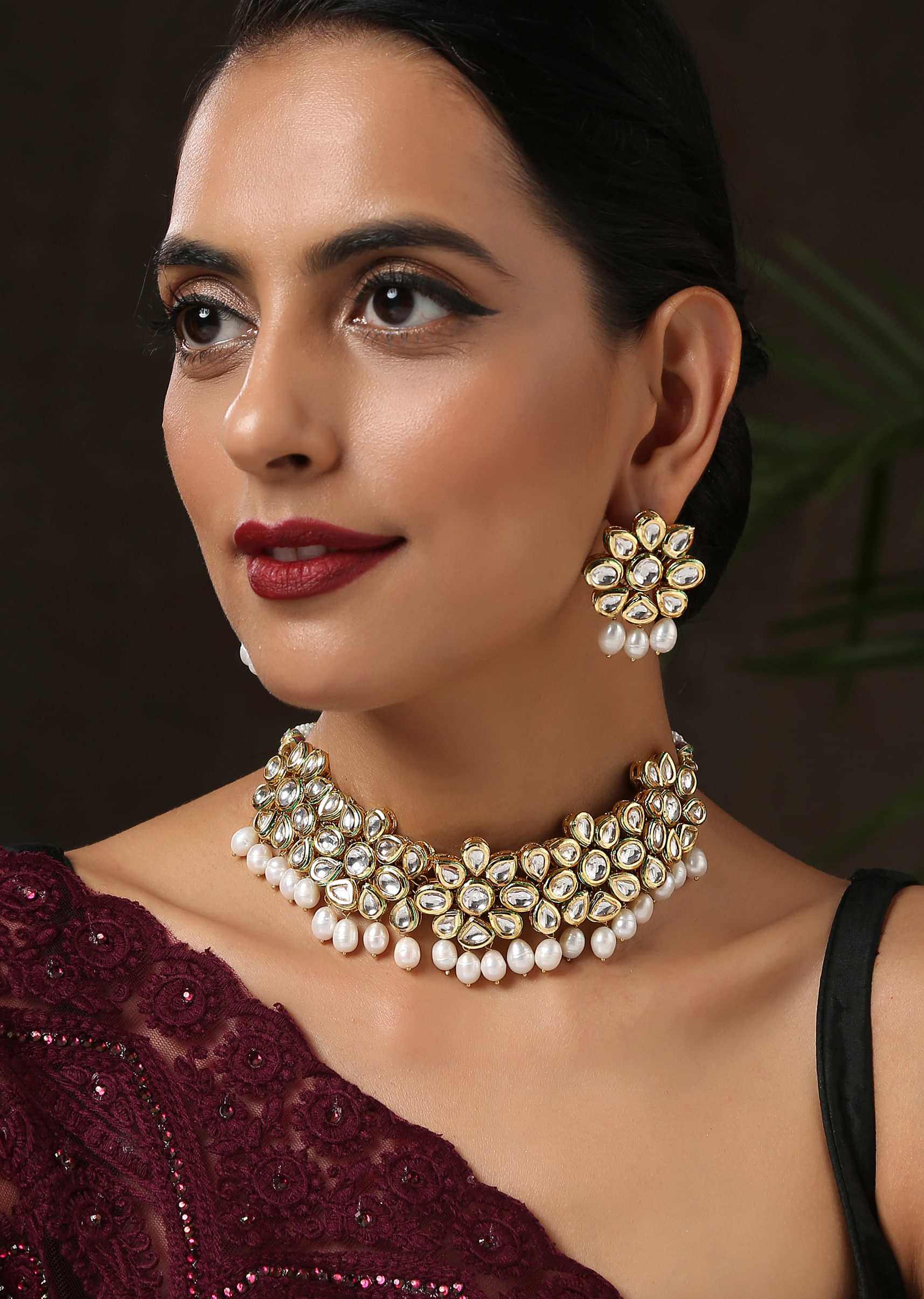 Gold Choker Necklace Set With Floral Kundan And Dangling Rice Water Pearls By Paisley Pop