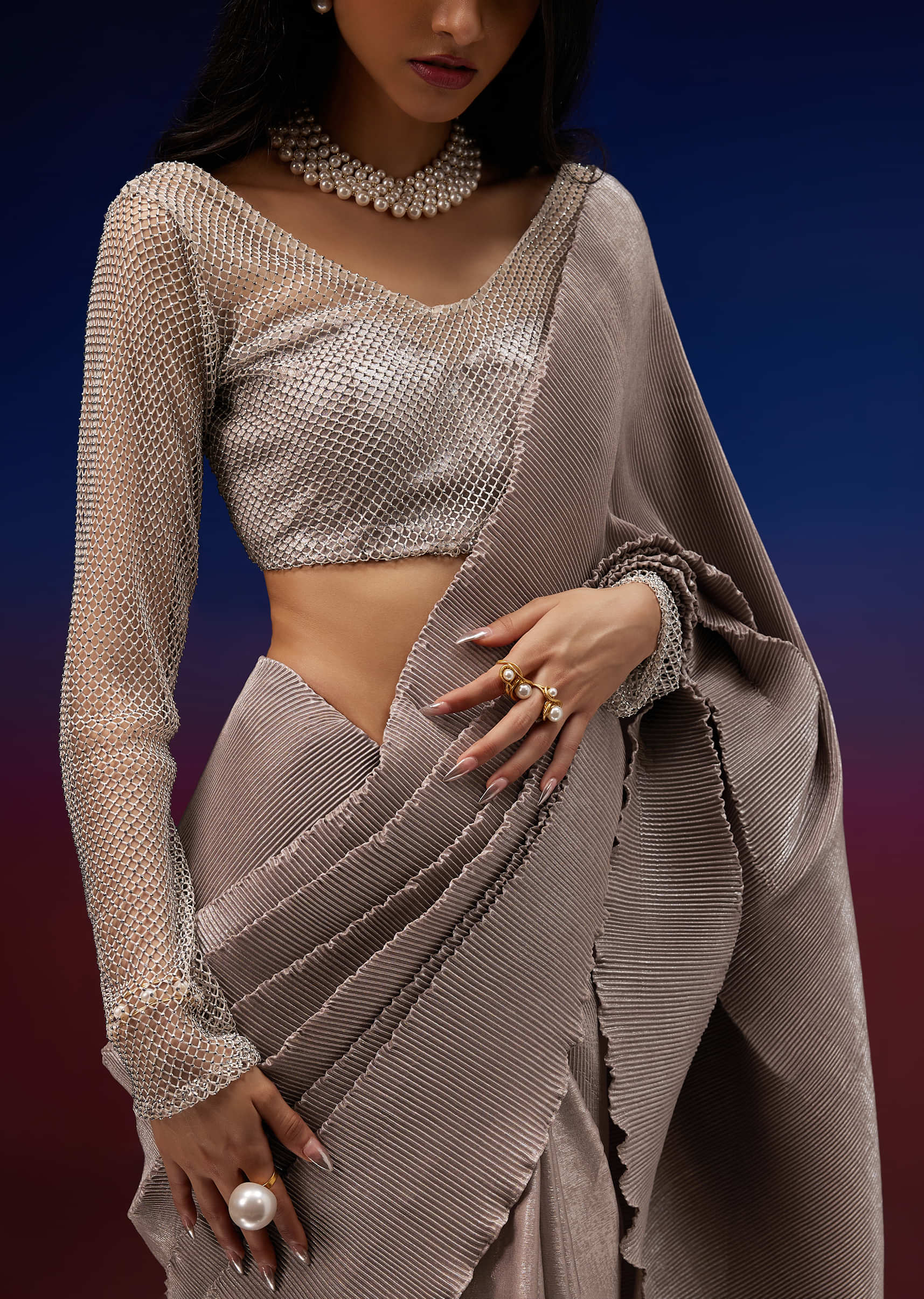 Gold Colored Unstitched Saree With Silver Foil Fabric And Net Blouse