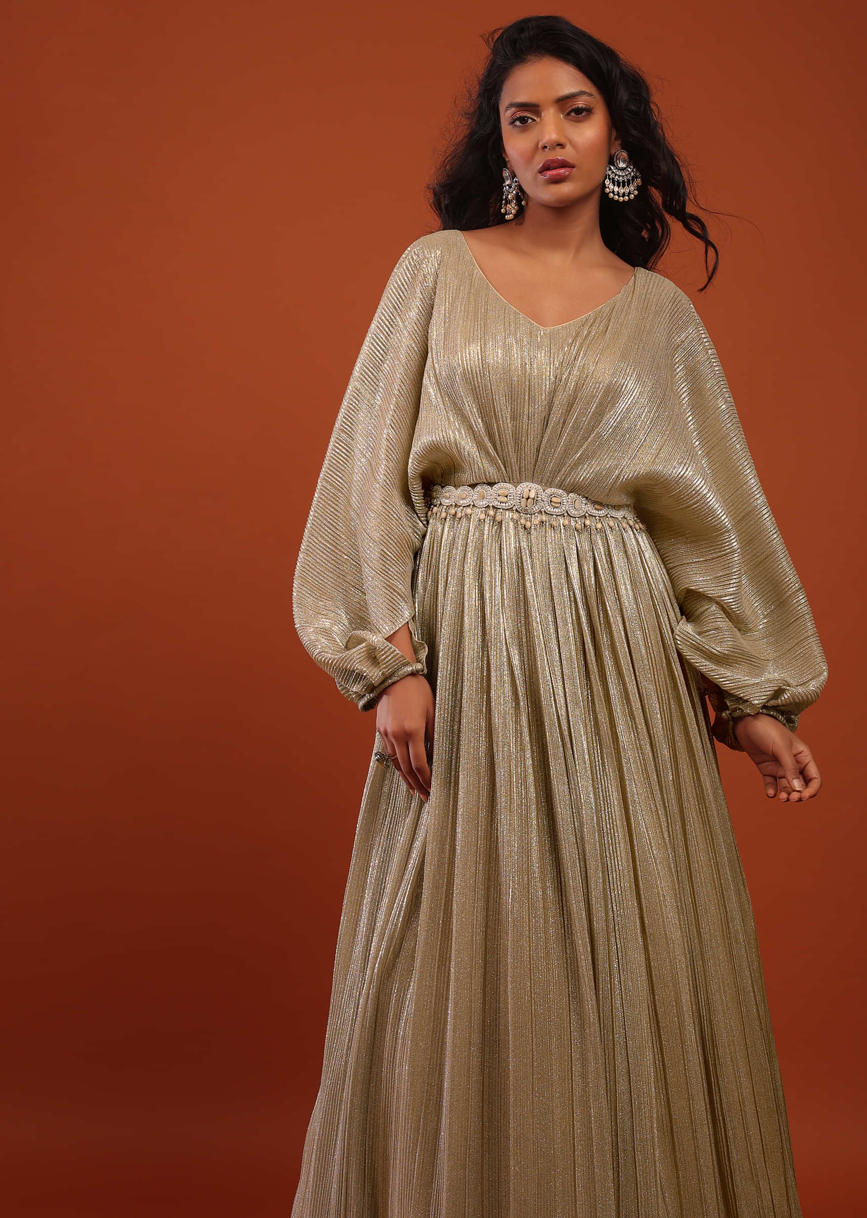 Gold Crushed Kaftan Gown With An Embellished Waistbelt