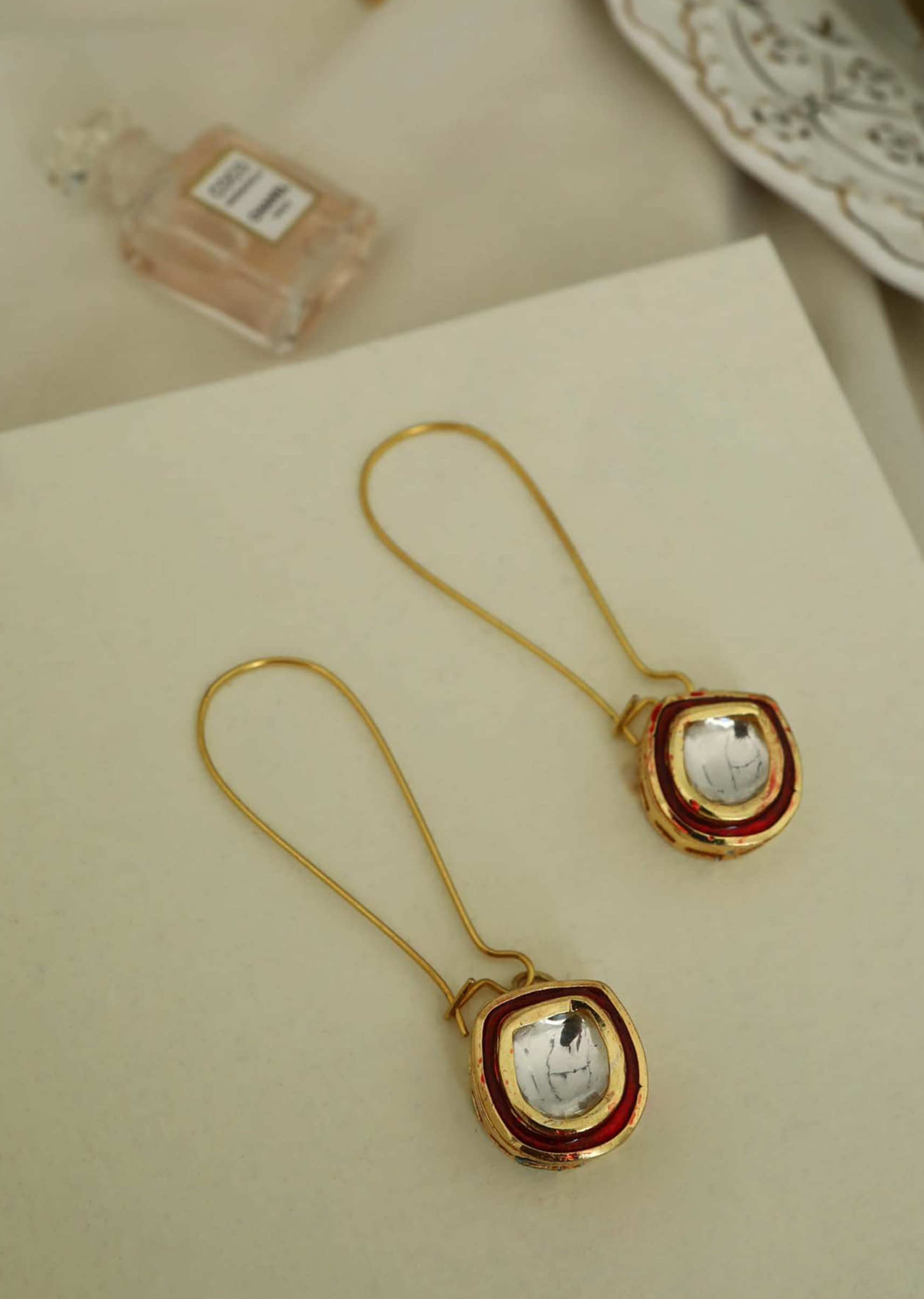 Gold Earrings With Polki Drop And Red Enamel Work