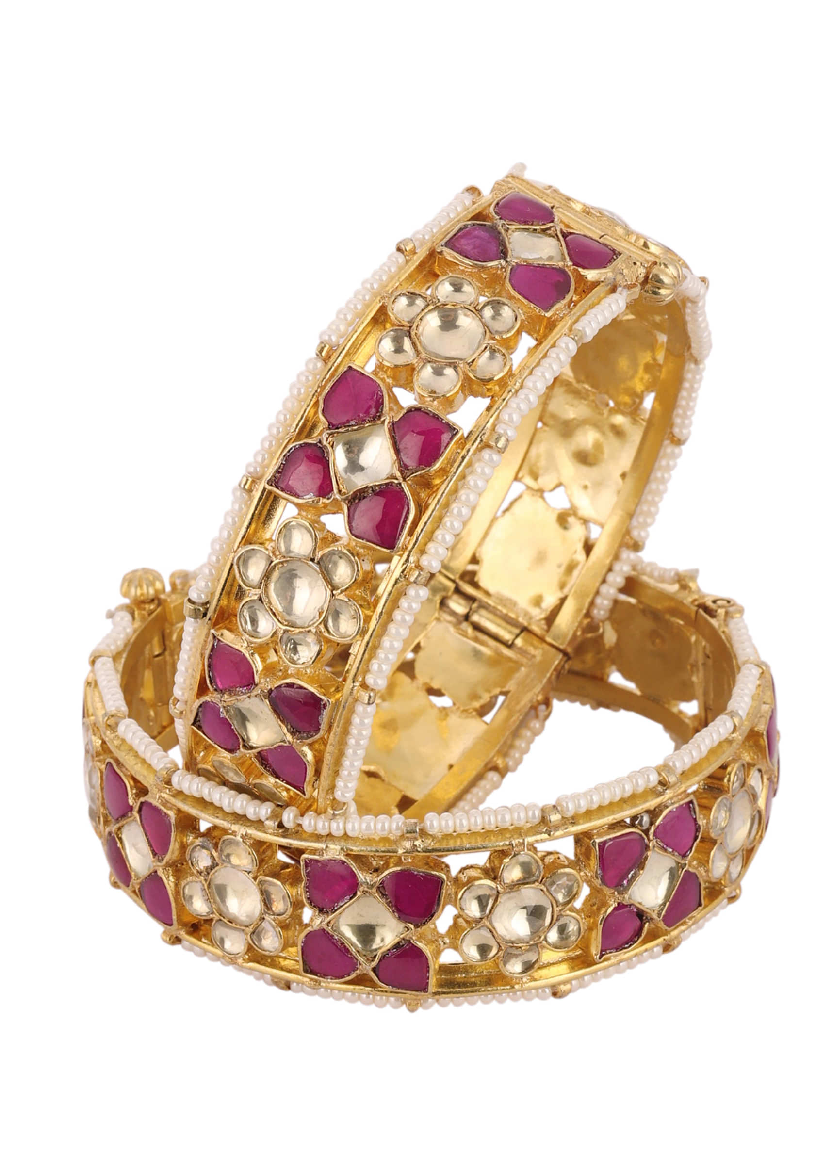 Gold Fineshed Kundan Polki Bangles In Ruby Red And WhiteTone