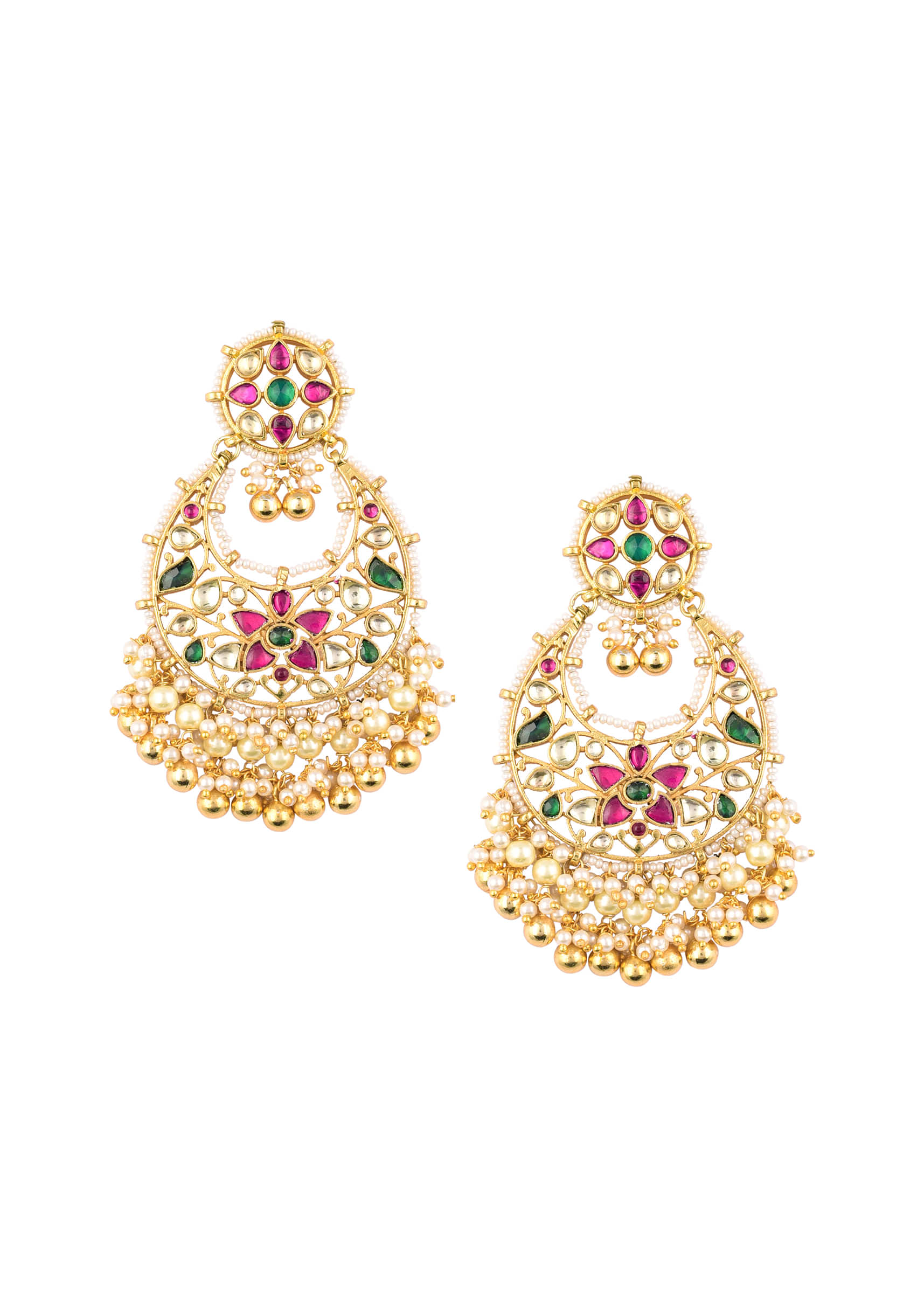 Gold Finish Kundan Chandabalis With Beads And Green-Red Stones