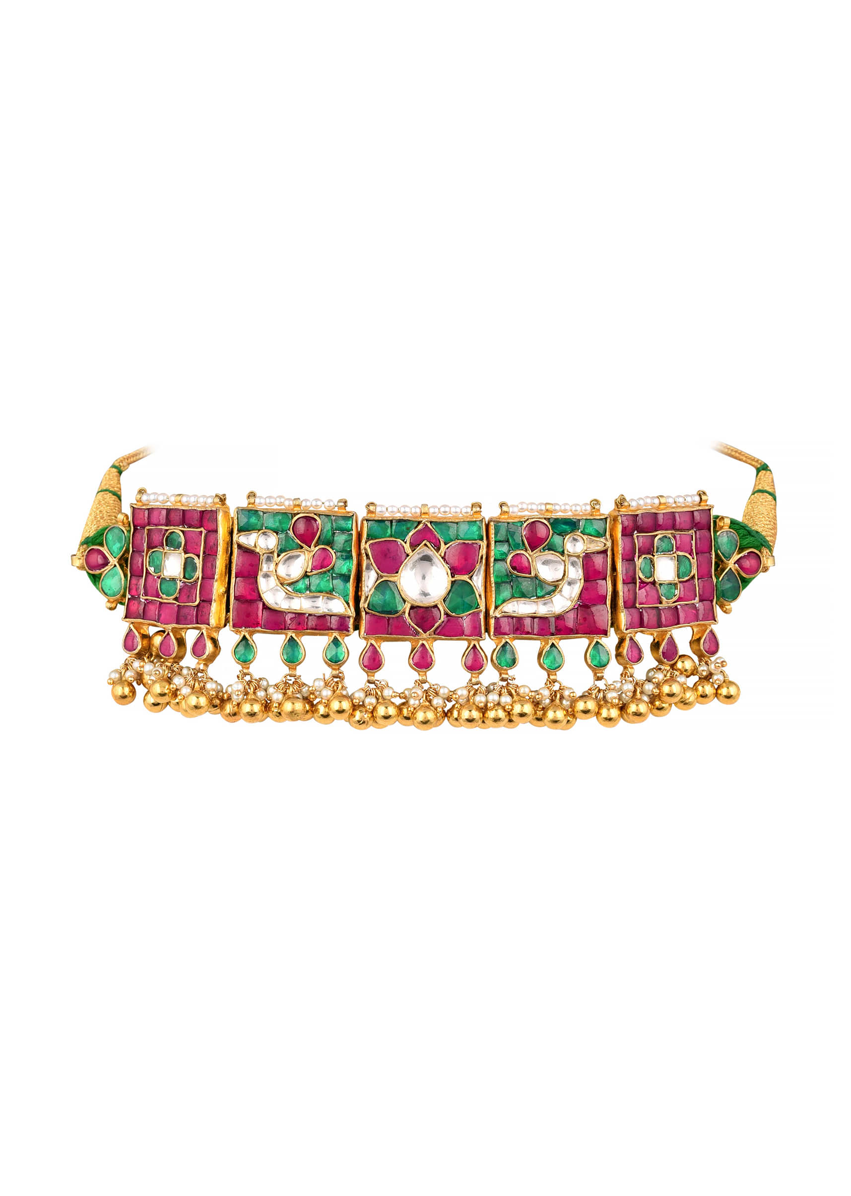 Gold Finish Kundan Choker Set With Beads, Pearls, And Synthetic Red-Green Stones