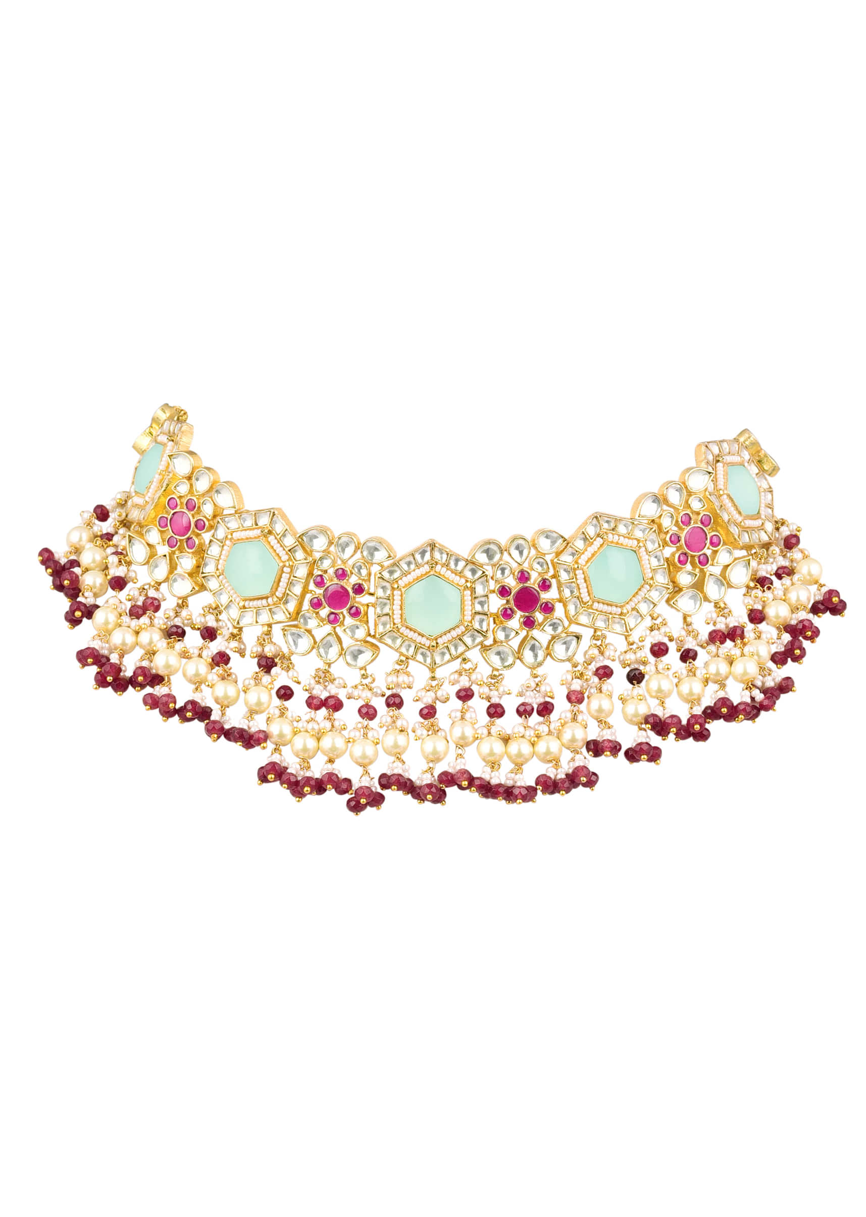 Gold Finish Kundan Choker Set With Beads, Pearls, And Synthetic Ruby Stones