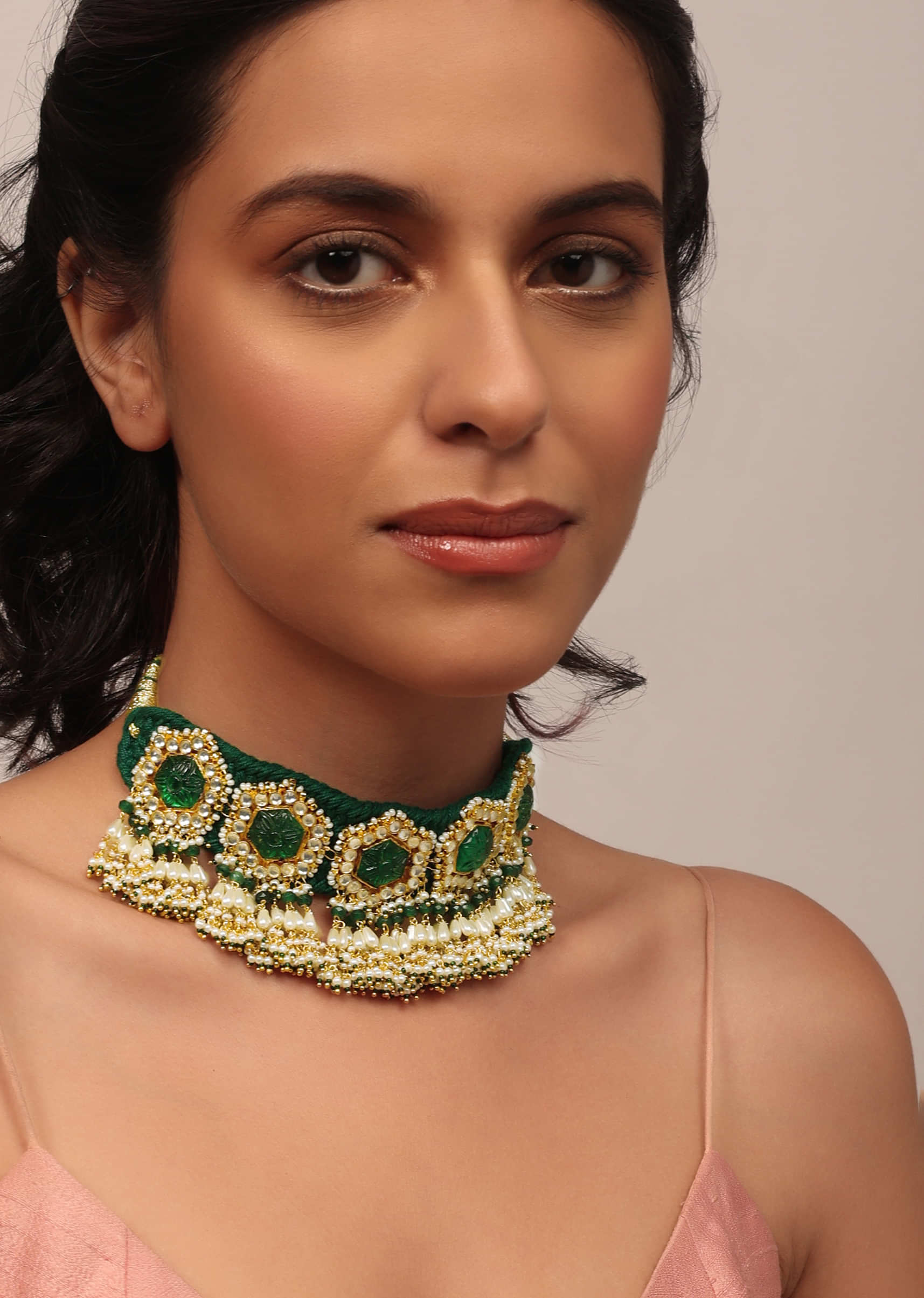 Gold Finish Kundan Choker Set With Beads, Pearls, And Synthetic Emerald Stones