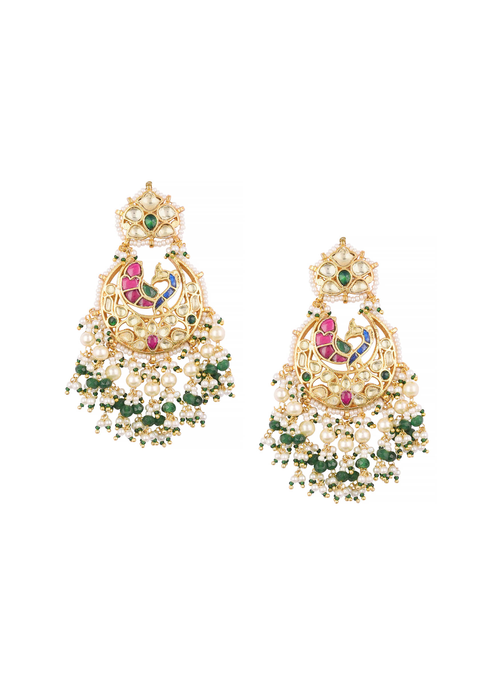 Gold Finish Kundan Polki Chandabali Earrings With Beads And Green-Red Stones