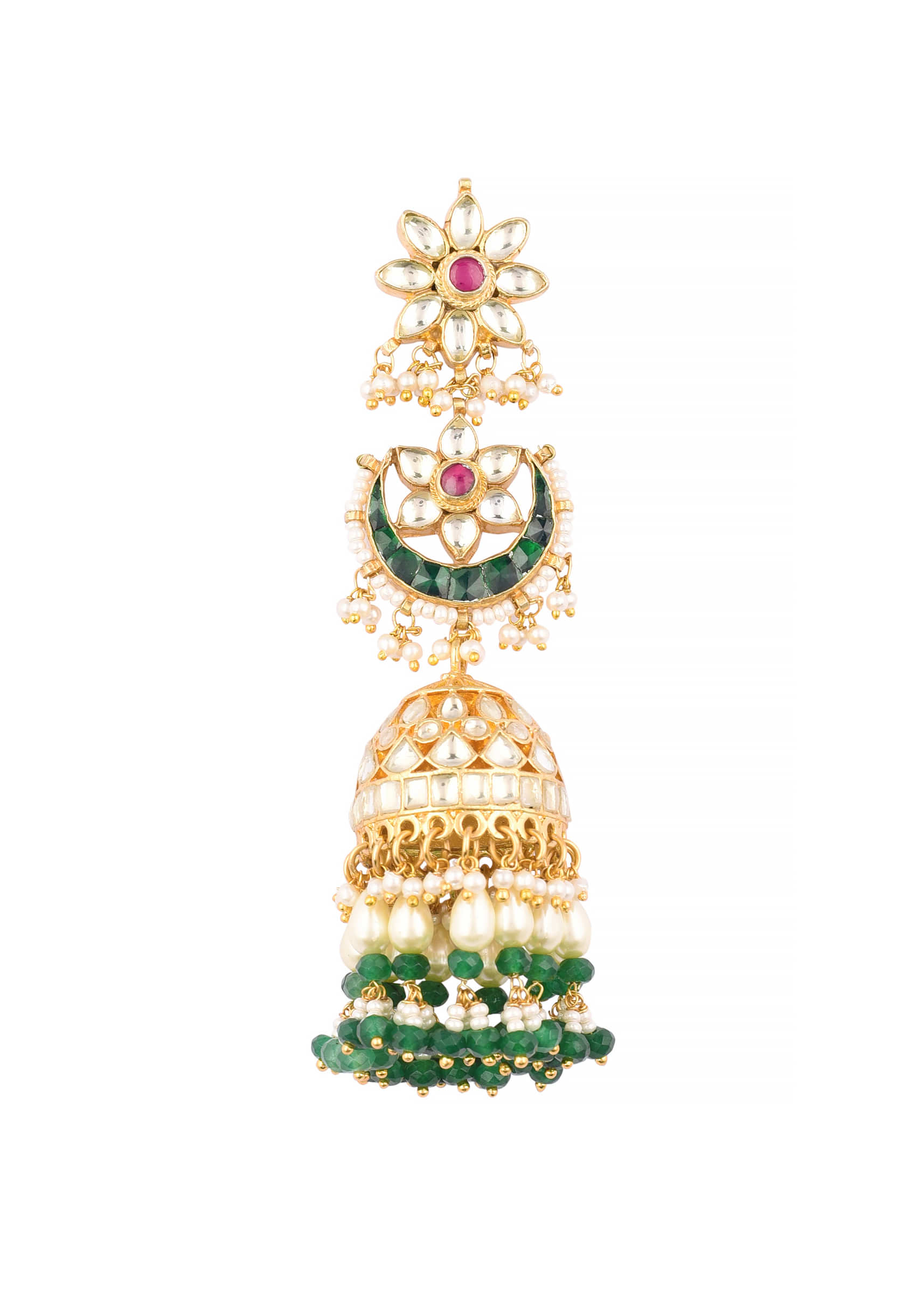 Gold Finish Kundan Polki Dangling Earrings With Beads And Green-Red Stones