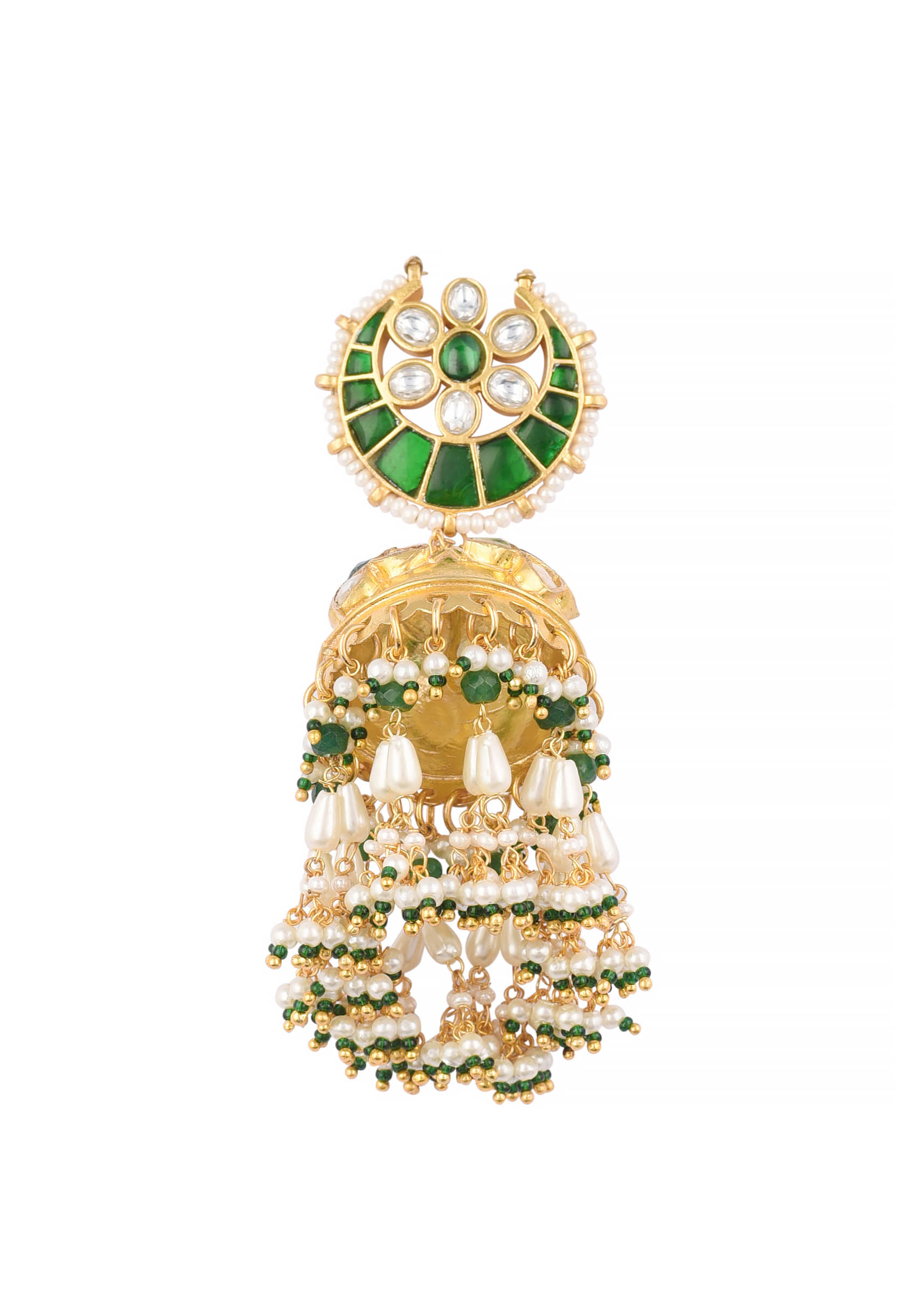 Gold Finish Kundan Earrings With Beads And Green Stones