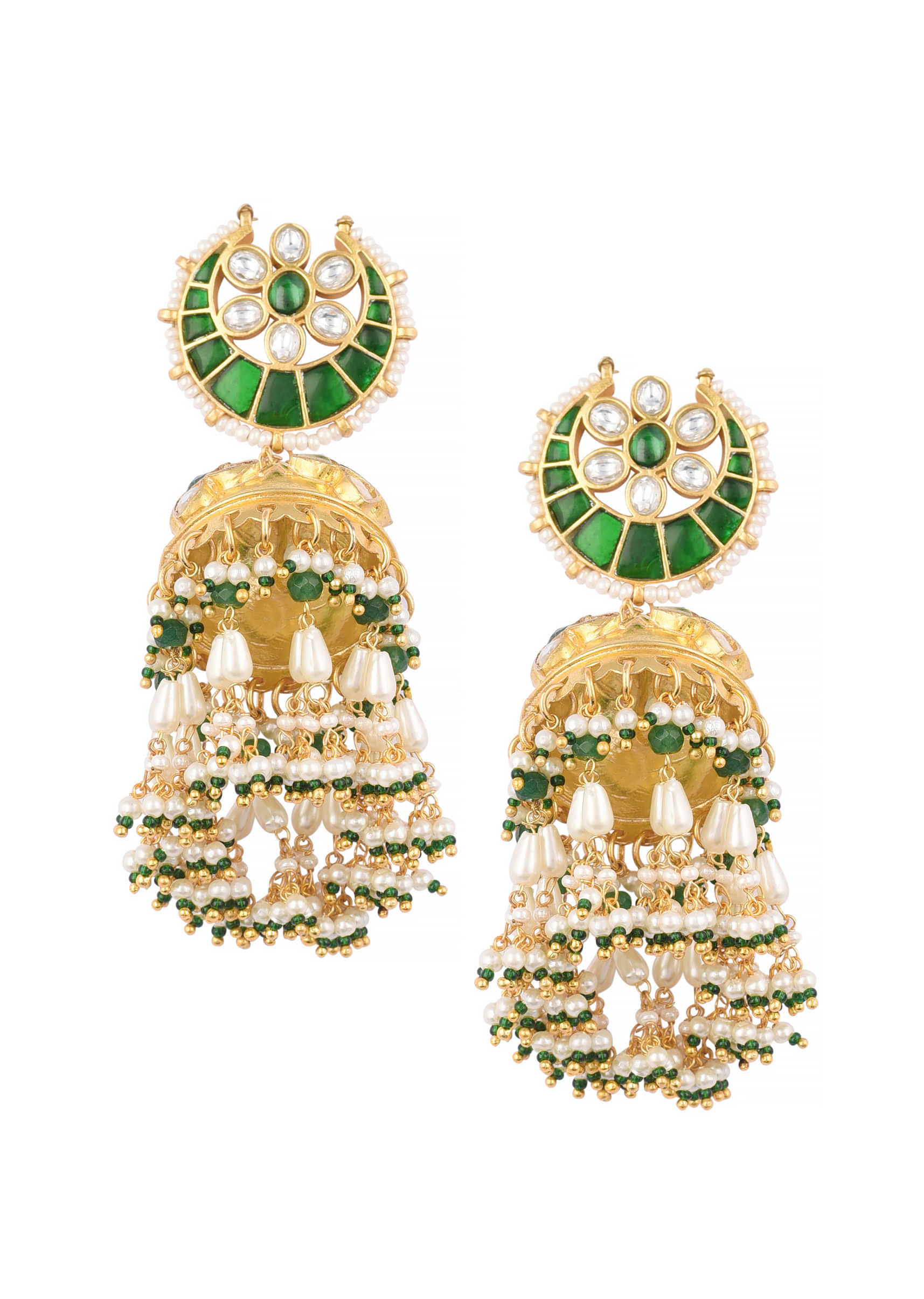 Gold Finish Kundan Earrings With Beads And Green Stones